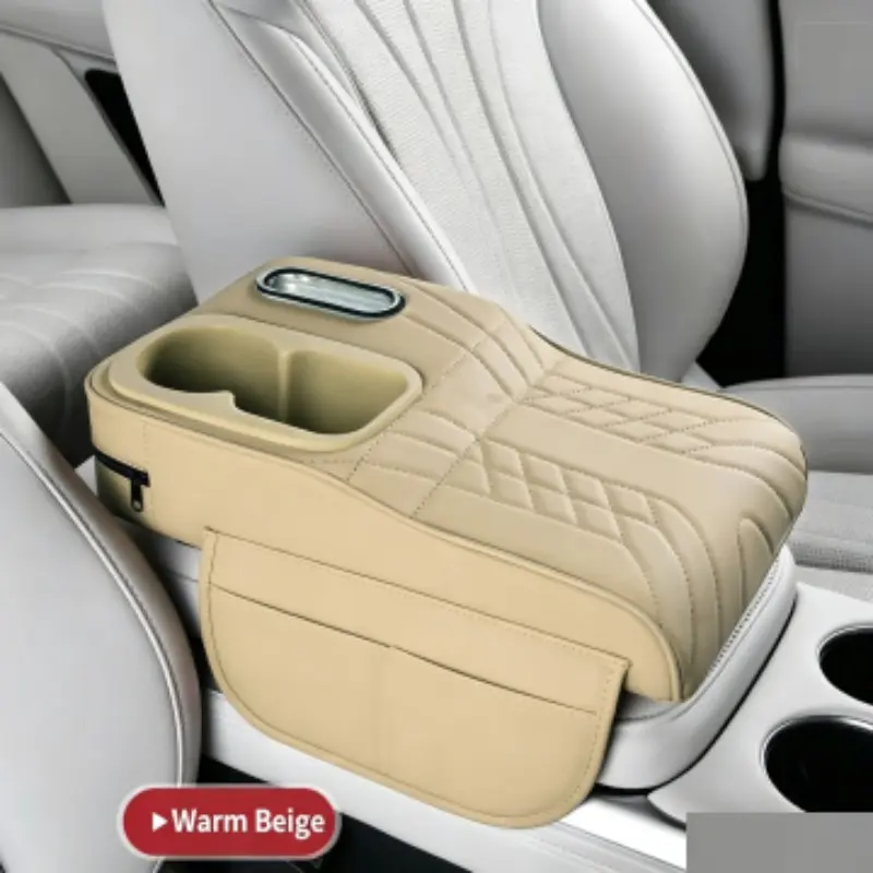 One car center console armrest mat, raised version with tissue box and cup holder, Car Interior Organizers, available in multiple colors.