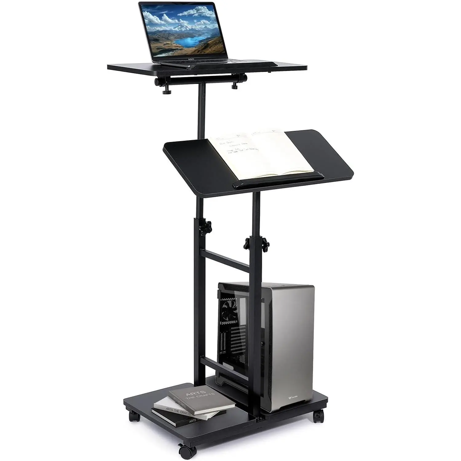 Podium Stand with Wheels, Height Adjustable Lectern Podium Stand, Rolling Portable Podium with 2 Swivel Shelves, Mobile Teacher Lectern for Classroom Church Office Presentation(Black)