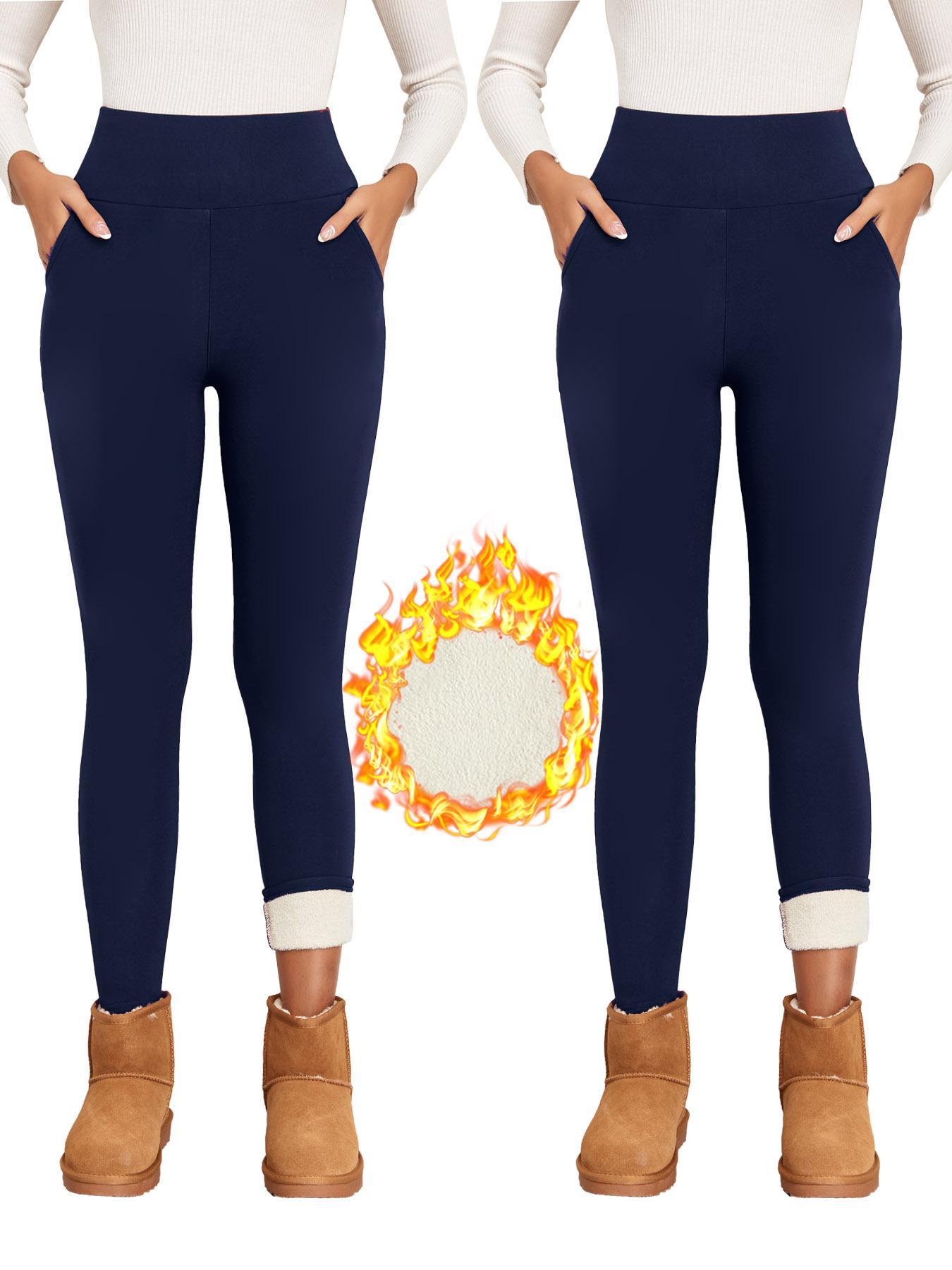 Women's Plain Basic Minimalist Pocket High Waist Thermal Lined Leggings, Casual Comfy Warm Skinny Pants for Everyday Wear, Ladies Bottoms for Winter Womenswear