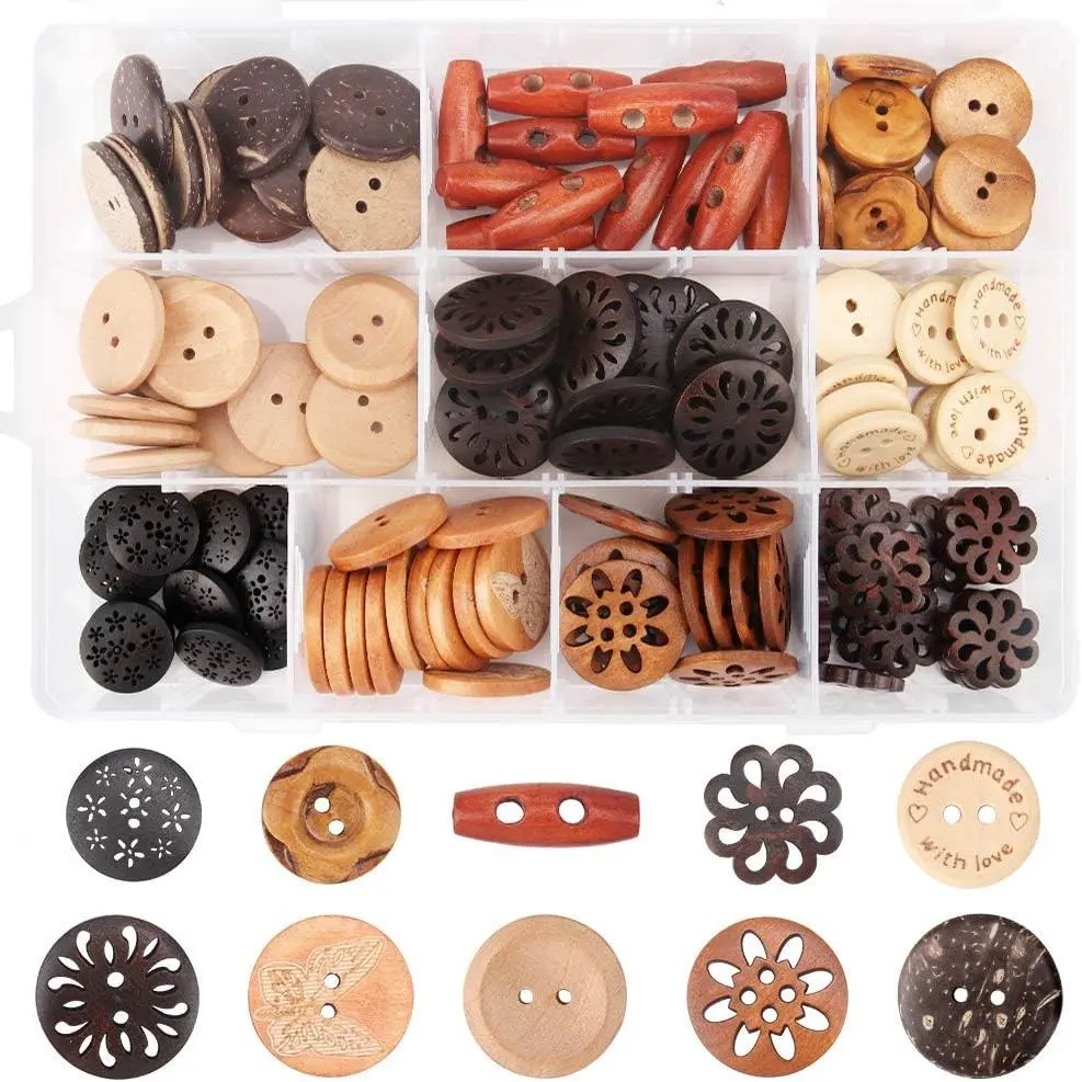 Buttons, 120 count Wooden Buttons Art DIY Craft Supplies with Box