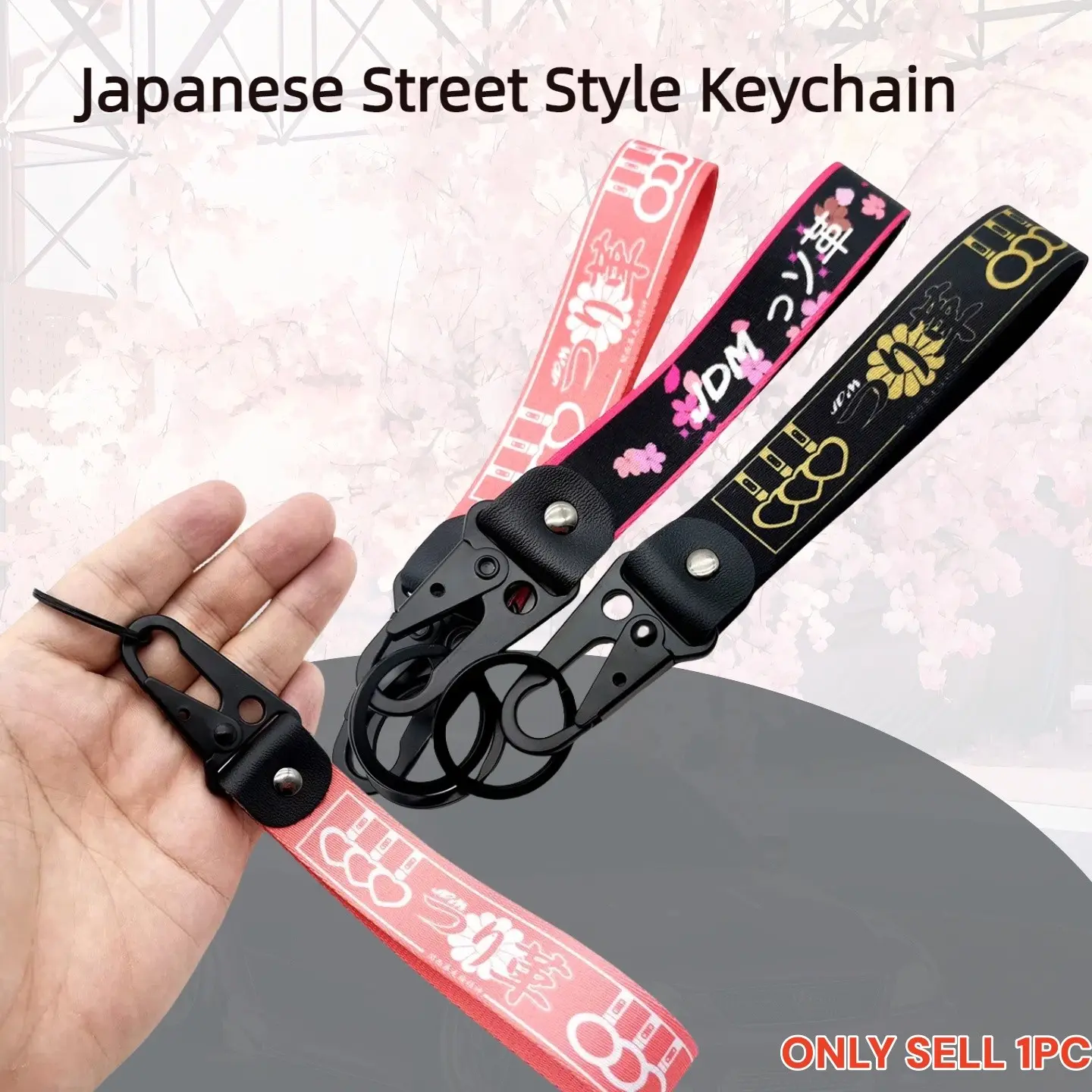 1pc JDM Style Keyring Sakura Kanji,Motorcycle/Car Keychain Thermal Transfer Wrist Lanyard Culture Viral Trendy Gift for Car Enthusiasts(Men & Women) Perfect for Motorcycles Car Parts & Auto Accessories