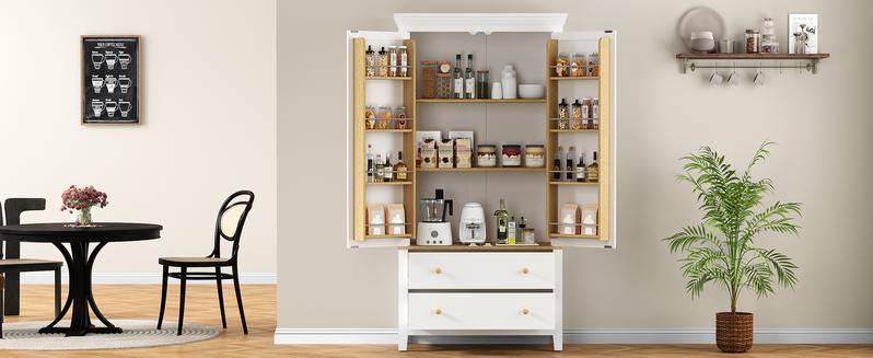 RoyalCraft 70'' Tall Kitchen Pantry Cabinet, Wood Cupboard with 8 Door Storage Shelves, Large Storage Cabinet with Drawers & Adjustable Shelves for Kitchen, Dining Room, Living Room, Laundry, White