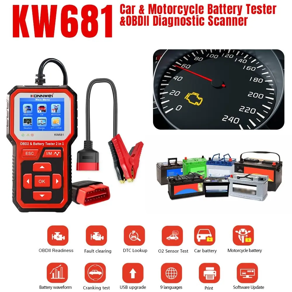 Professional Obd2 Scanner, 6-12V Car Battery Tester, Engine Code Reader, Multi-Function Fault Code Eliminator, Real-Time Data, 1996+ Vehicles