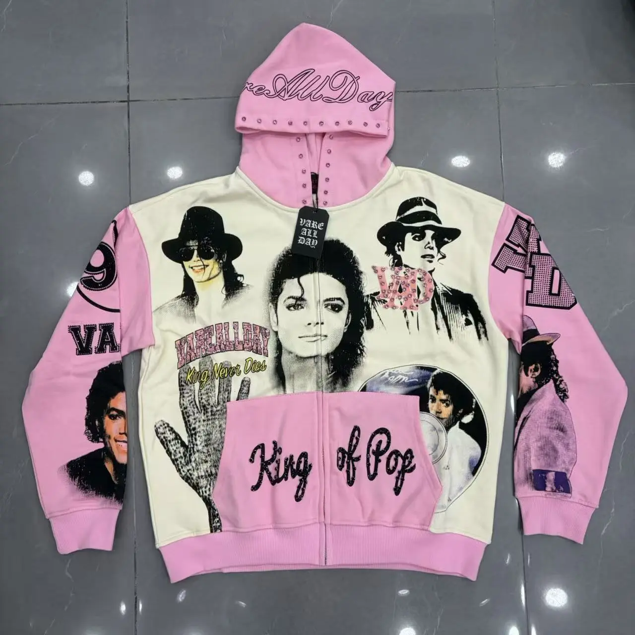 VARE ALL DAY Michael Jackson King of Pop Pink Color Block Zip Up Hoodie, Vintage 90s Rap Portrait Rhinestone Oversized Hooded Jacket, Y2K Hip Hop Unisex Cotton Streetwear Sweatshirt, Spring Break, 4th of July, Halloween, Thanksgiving Holiday Outfit