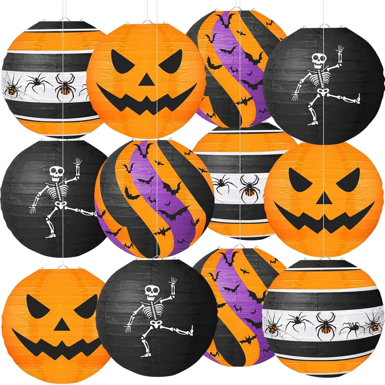 Halloween Paper Lanterns, 12 count Halloween  Paper Lanterns, Orange Black  Spider Skeleton Bat Lanterns for Halloween Party Decorations Indoor Outdoor Spooky  Decor