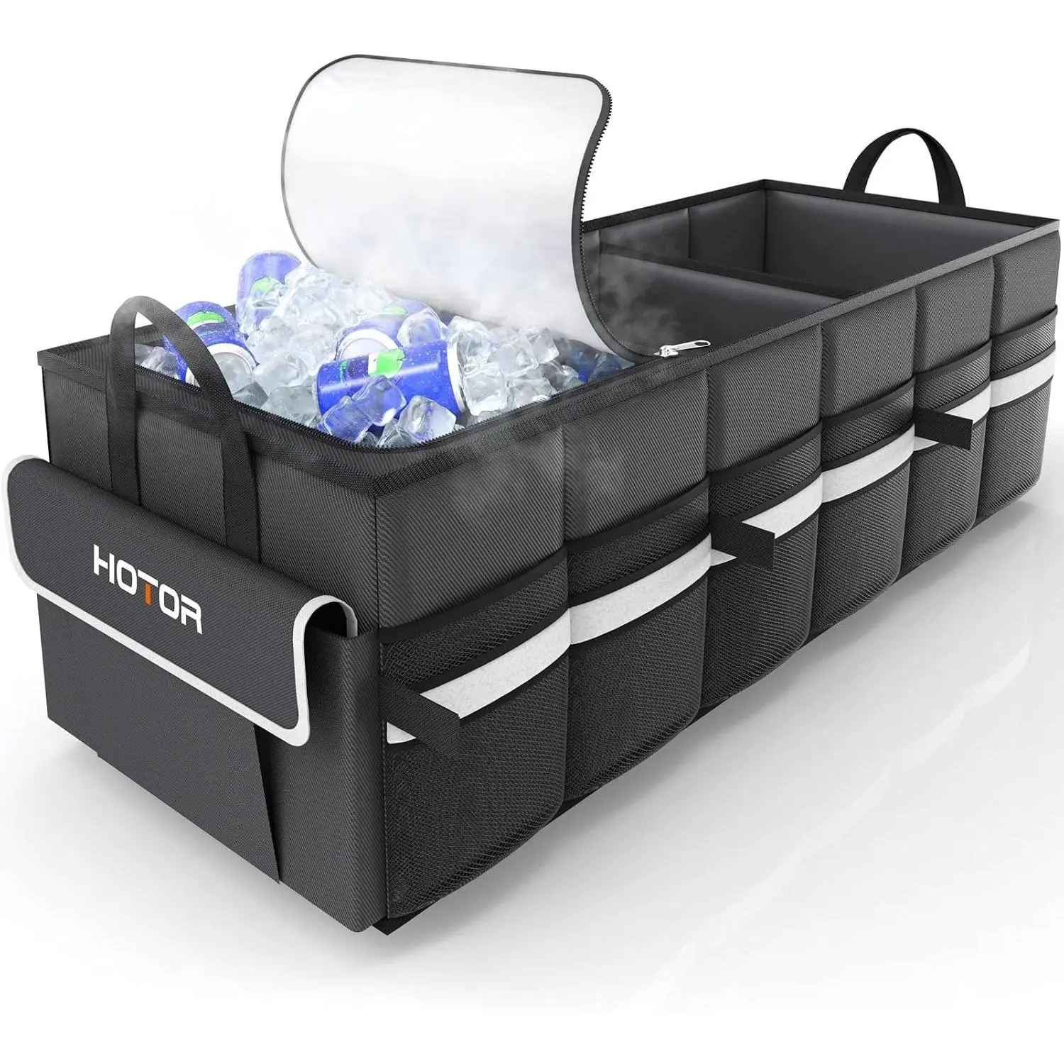 Trunk Organizer - Car Organizer with Built-In Leakproof Car Cooler, Collapsible Trunk Organizer with Cooler for Car, SUV, Sedan, with Base Panel (3 Compartments, Black),31.9"×12.6"×10.6"Gift.