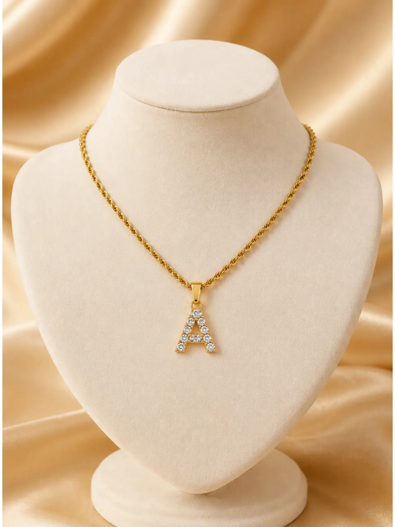 A-Z Rope Chain Initial Letter Pendant Necklace, Paved Rhinestone Alphabet Choker, Women Minimalist Daily Clavicle Accessory Gift