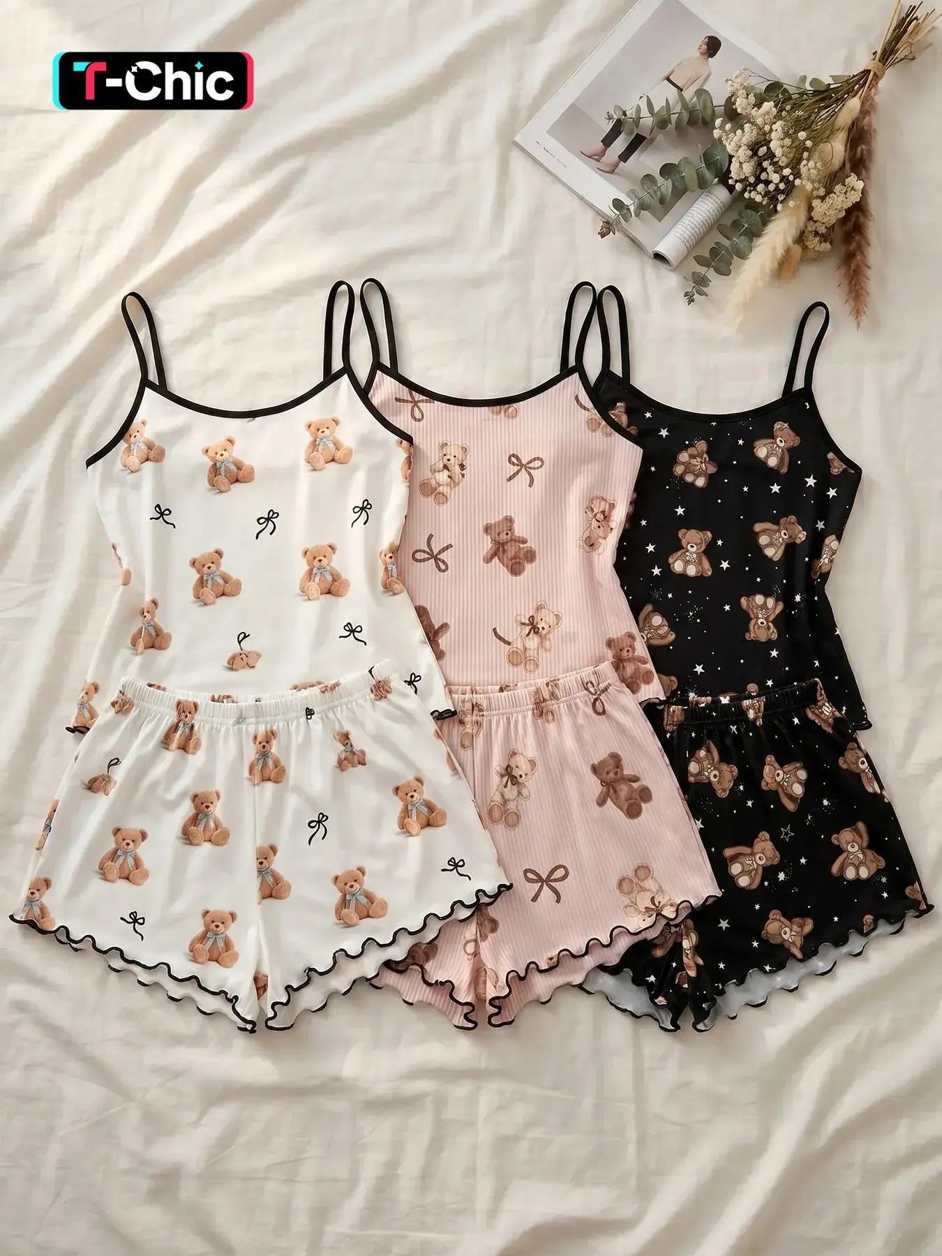 Women's 3 Pack Cami Top and Shorts Pajama Set, Spaghetti Strap, Spring Summer Wear, Kawaii Cartoon Teddy Bear Bow Print, Cute Playful Style, Adorable Casual Sleepwear for Women
