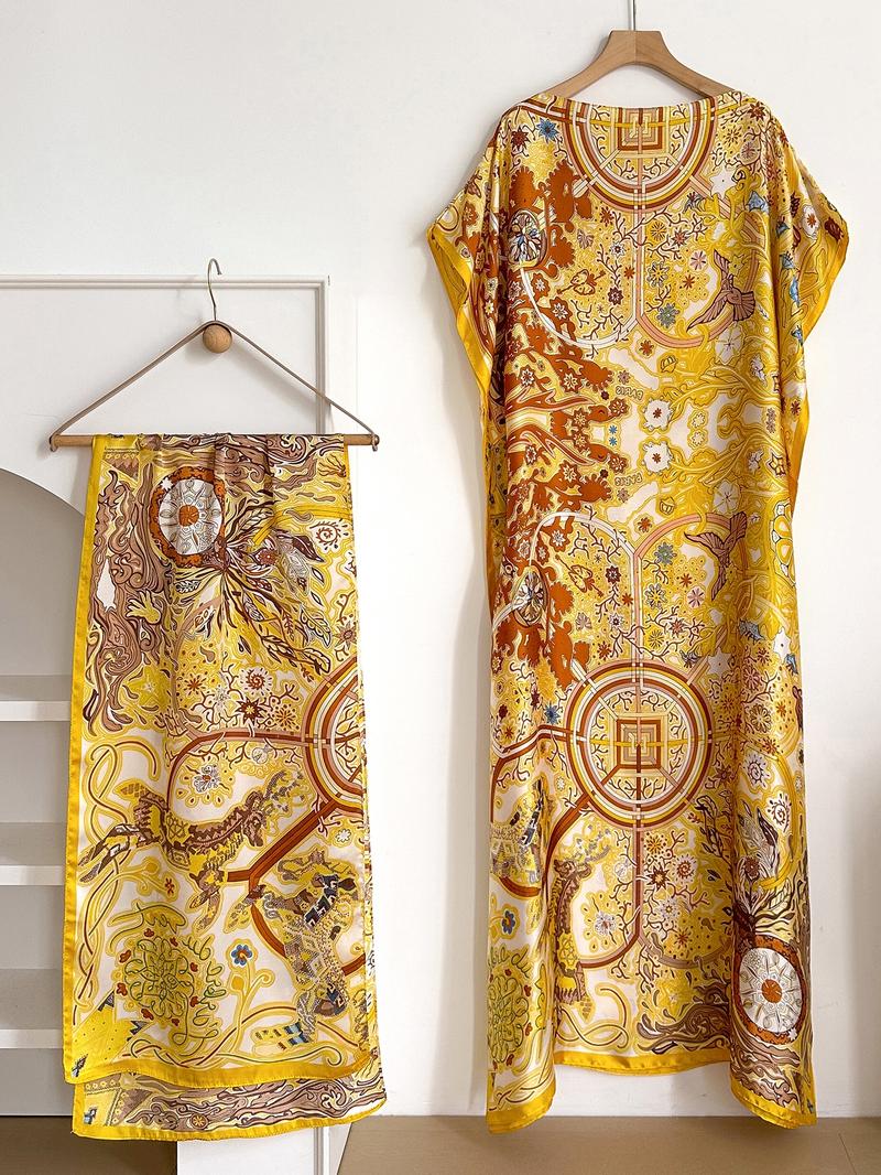 Women's Floral Print Long Dress & Scarf Set, Boho Casual Shawl Dress & Scarf Set for Beach Vacation Holiday, Ladies Clothes for All Seasons