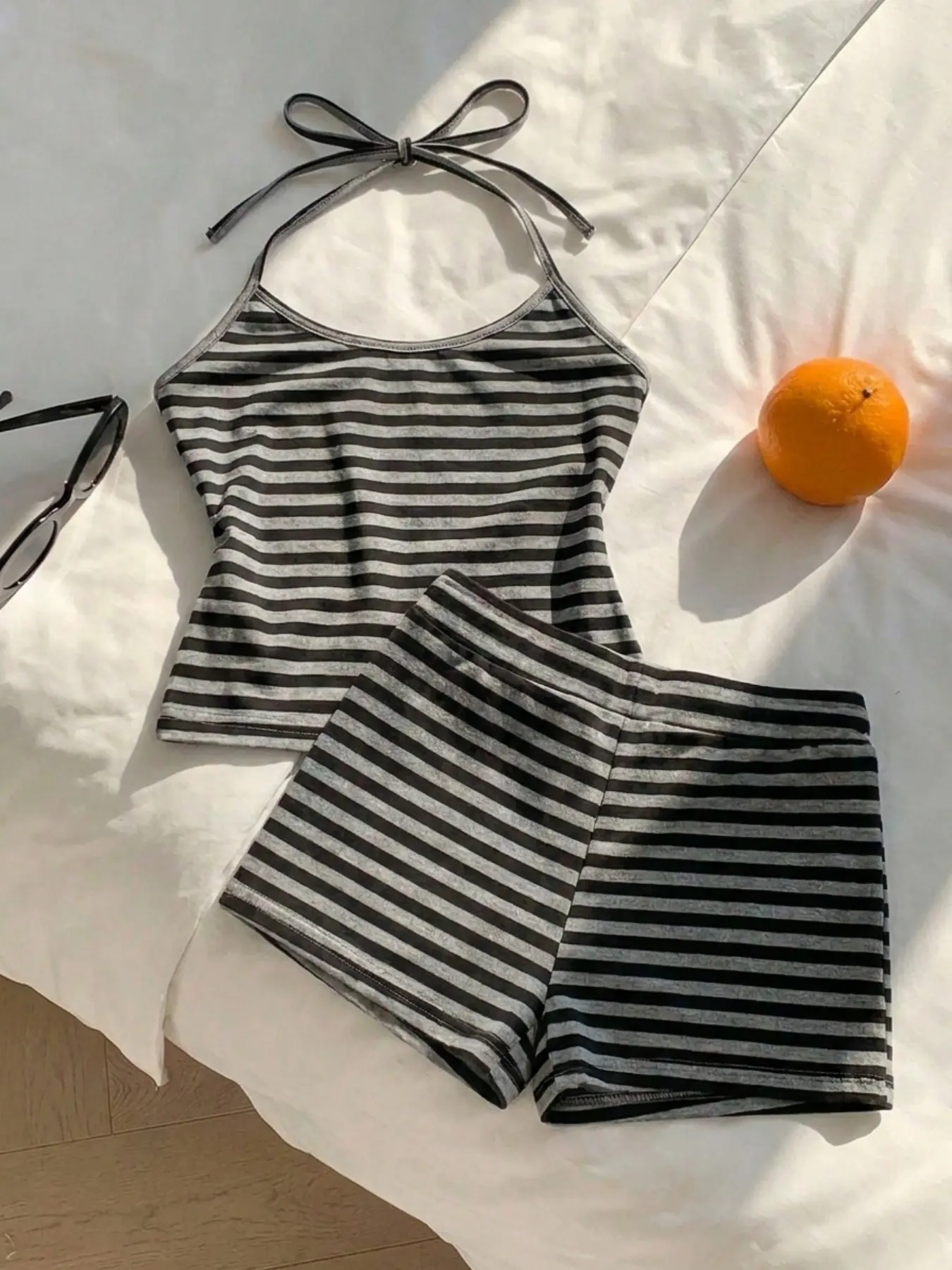 Y2K Striped Off-Shoulder Sleepwear Set, Backless Tank + Shorts, Summer Pajamas, Cute Comfortable Party, Casual Home Wear, Tiktok Must-Have, Women