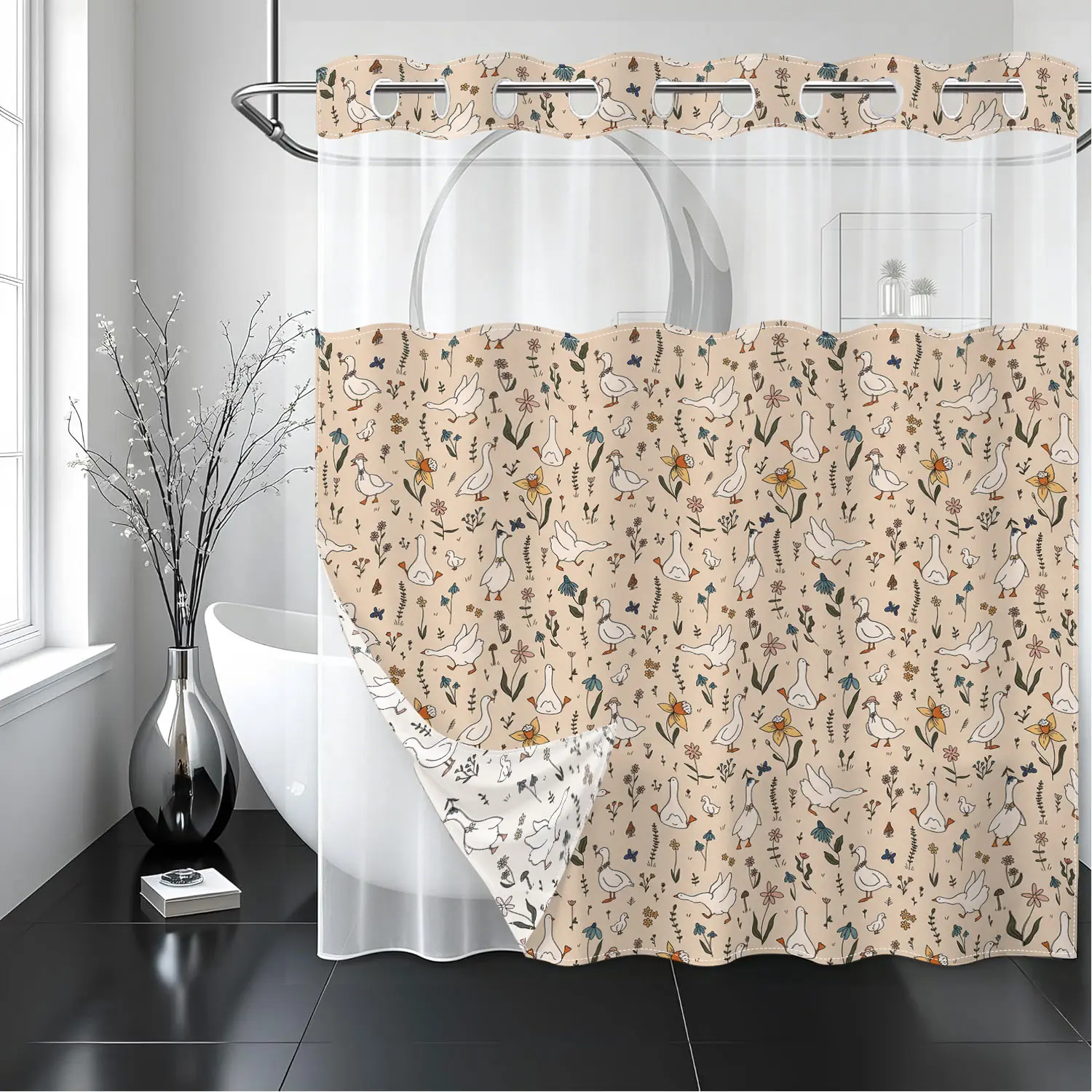 Cute Goose & Wildflower Double Layer Shower Curtain with Removable Snap-In Liner | Hookless Waterproof Fabric | Sheer Top Mesh Window | Boho Farmhouse Bath Accessories 71x74"