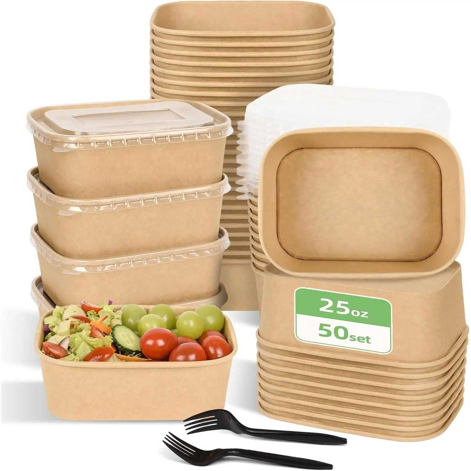 50 Pack Disposable Meal Prep Containers, 25oz Disposable Large Paper Bowls with  and Forks for Salad, Noodles, Freezer and Microwavable Storage Use Cardboard  Containers