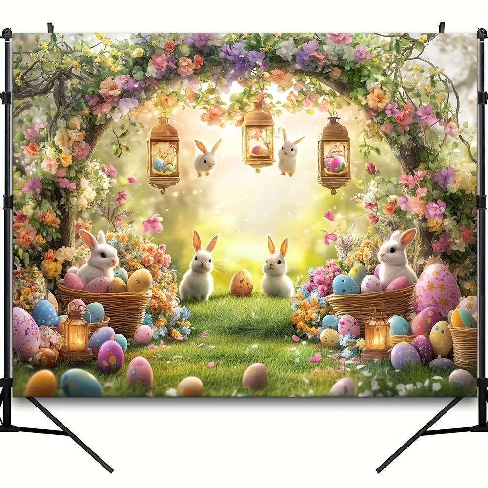 [Easter Spring Parties] 2D Flat - A 2D Flat Banner, One Piece of a Rustic Easter Arch Photo Backdrop Featuring Rabbits And Colorful Egg Baskets - a Vibrant Polyester Banner Suitable for Spring