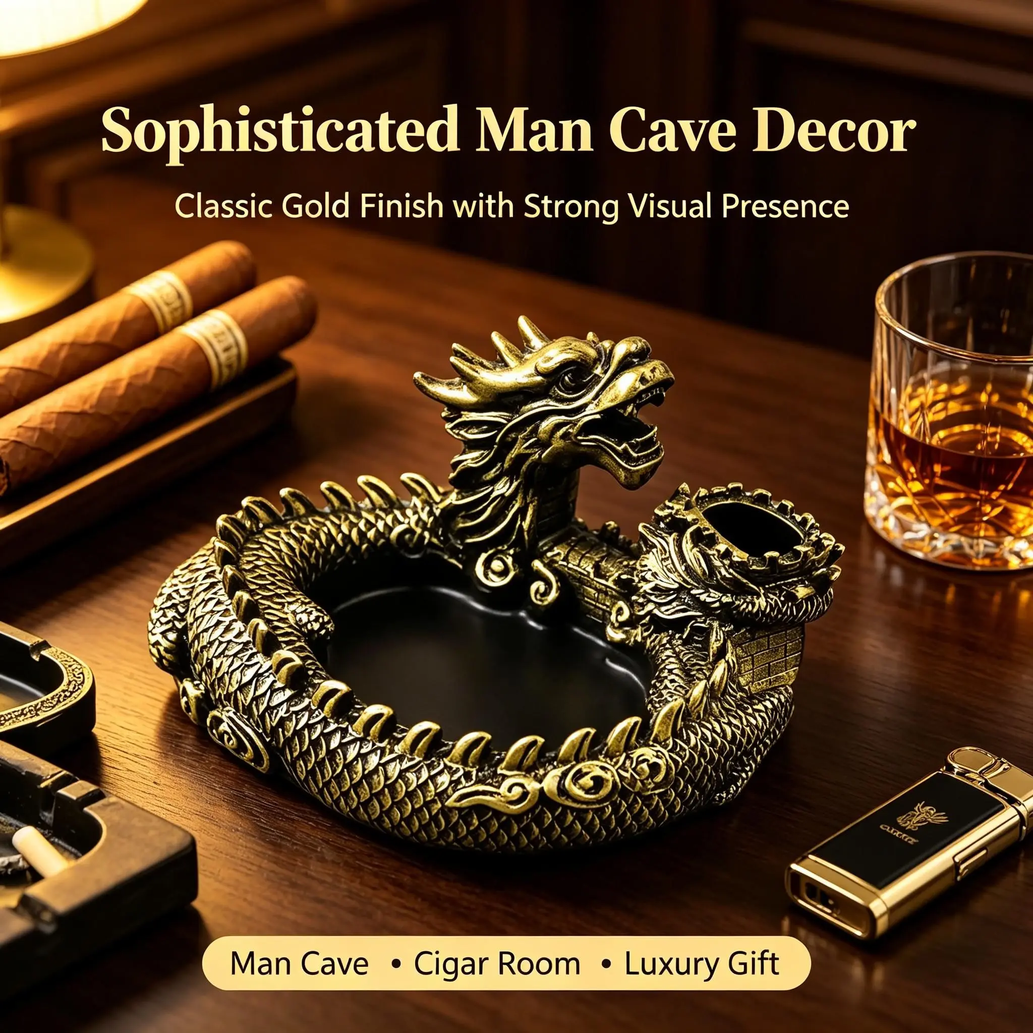 Luxury Dragon Great Wall Resin Ashtray with Vintage Creative Wealth Attracting Design, High-End Desktop Decor for Living Room Office Entryway Home Tabletop Display
