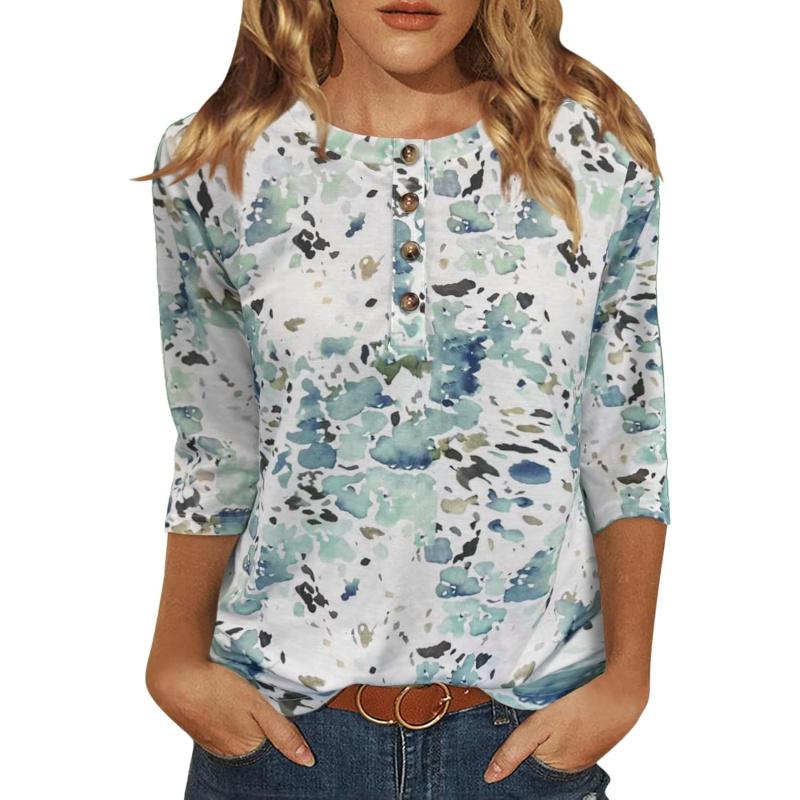 Womens Tops Casual 3/4 Sleeve Shirts Crew Neck Loose Casual Blouses Floral Print Tshirts