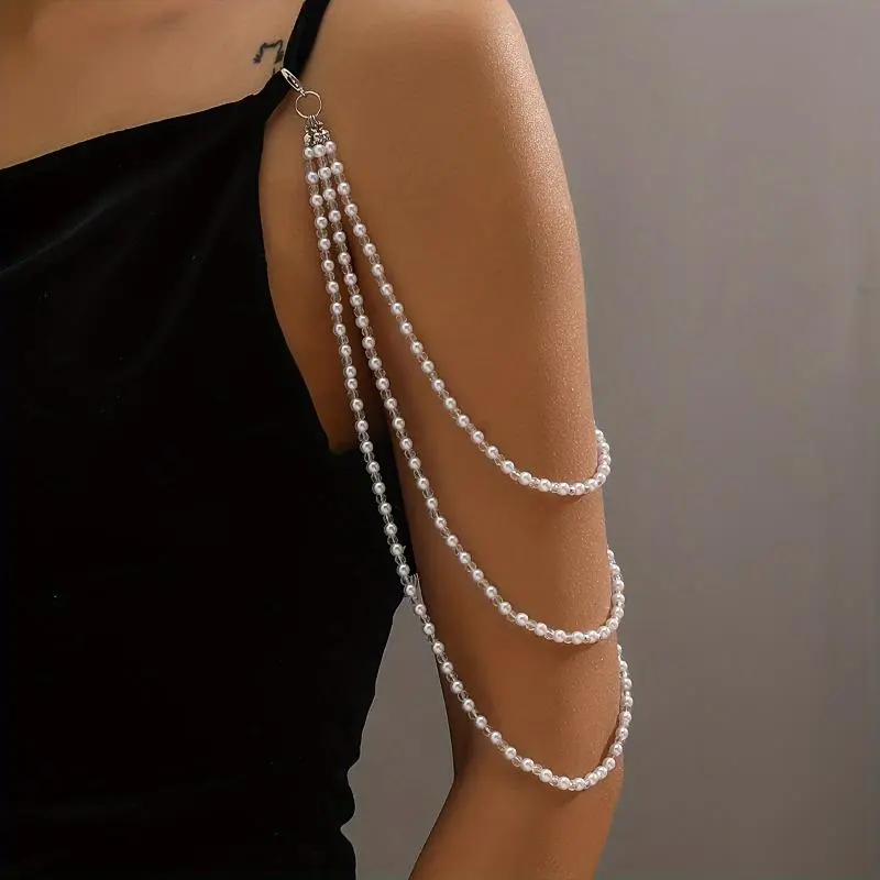 Female 3-Layer Acrylic Faux Pearl Shoulder Chain - Elegant Versatile Jewelry for Party, Indoor Events - Sports & Outdoor Protective Gear Accessory, Acrylic Fiber