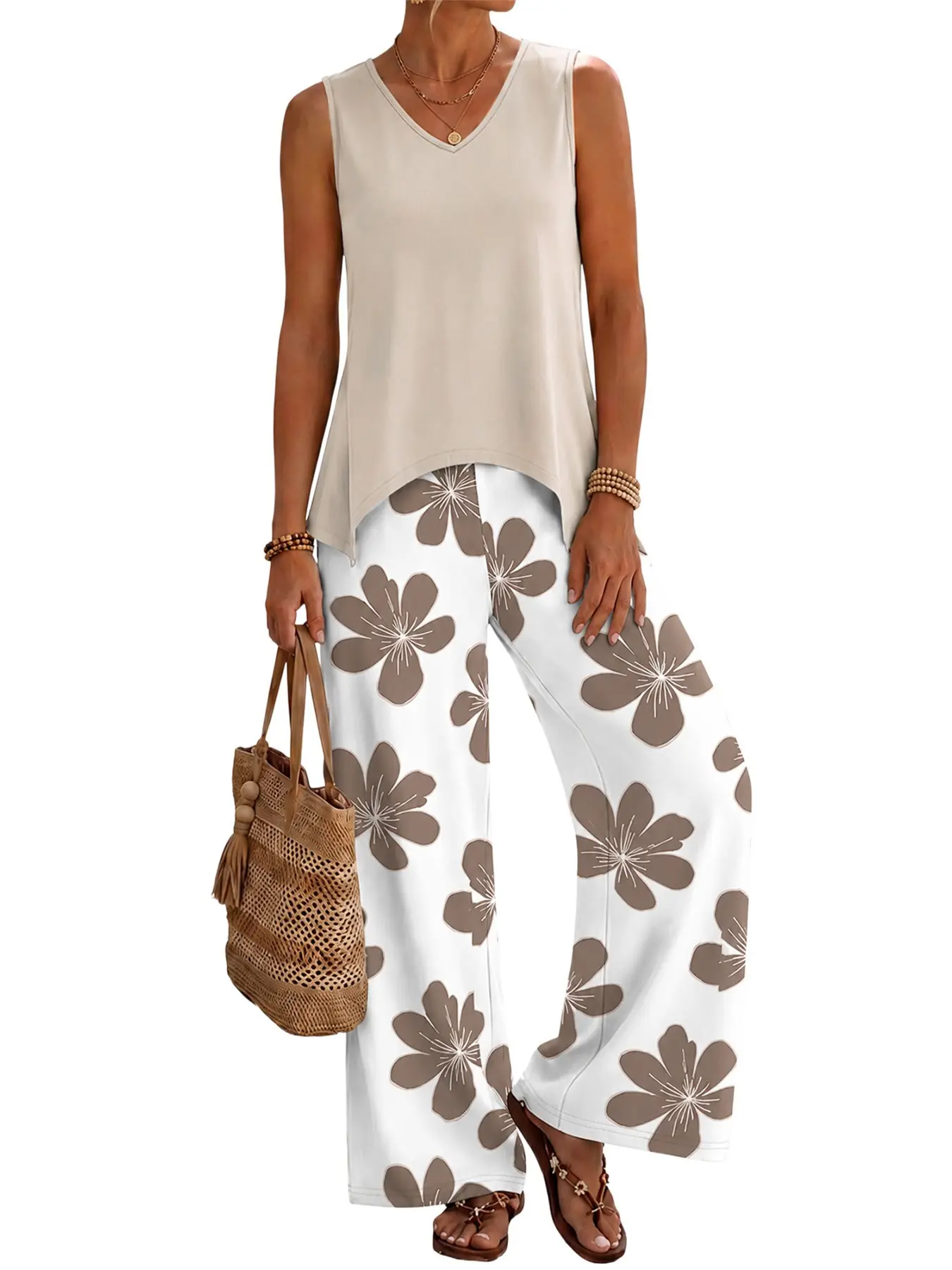 2026 Summer Boho 2-Piece Vacation Coord Set, V Neck Sleeveless Blouse, Hollow Back, Slim Waist, Palazzo Pants, Casual Style