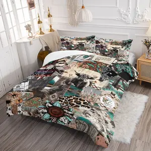 2/3-Piece Western Cowboy Patchwork Comforter Set, Highland Cow Sunflower Bohemian Style Soft and Comfortable Bedding Set, Retro Country and Southwest Style Boy and Girl Bedroom Decoration (Includes 1 Quilt + 1 Or 2 Pillowcases)