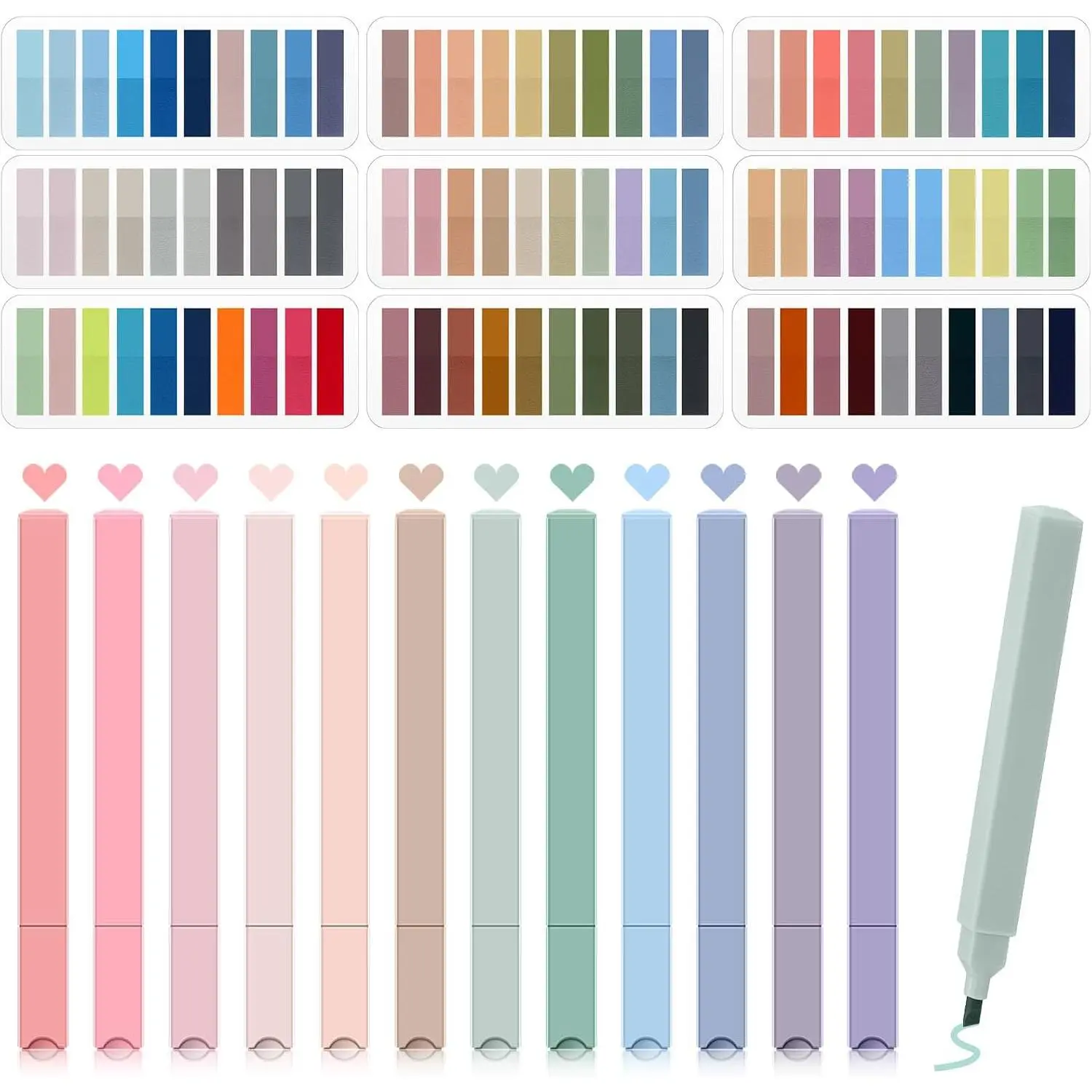 Book Annotation Kit with 1800 count Book Annotation Tabs and 12 count Aesthetic Highlighters Morandi Page Flag Marker Sticky Note Index Tabs for File Classification School Office (Pastel Style)