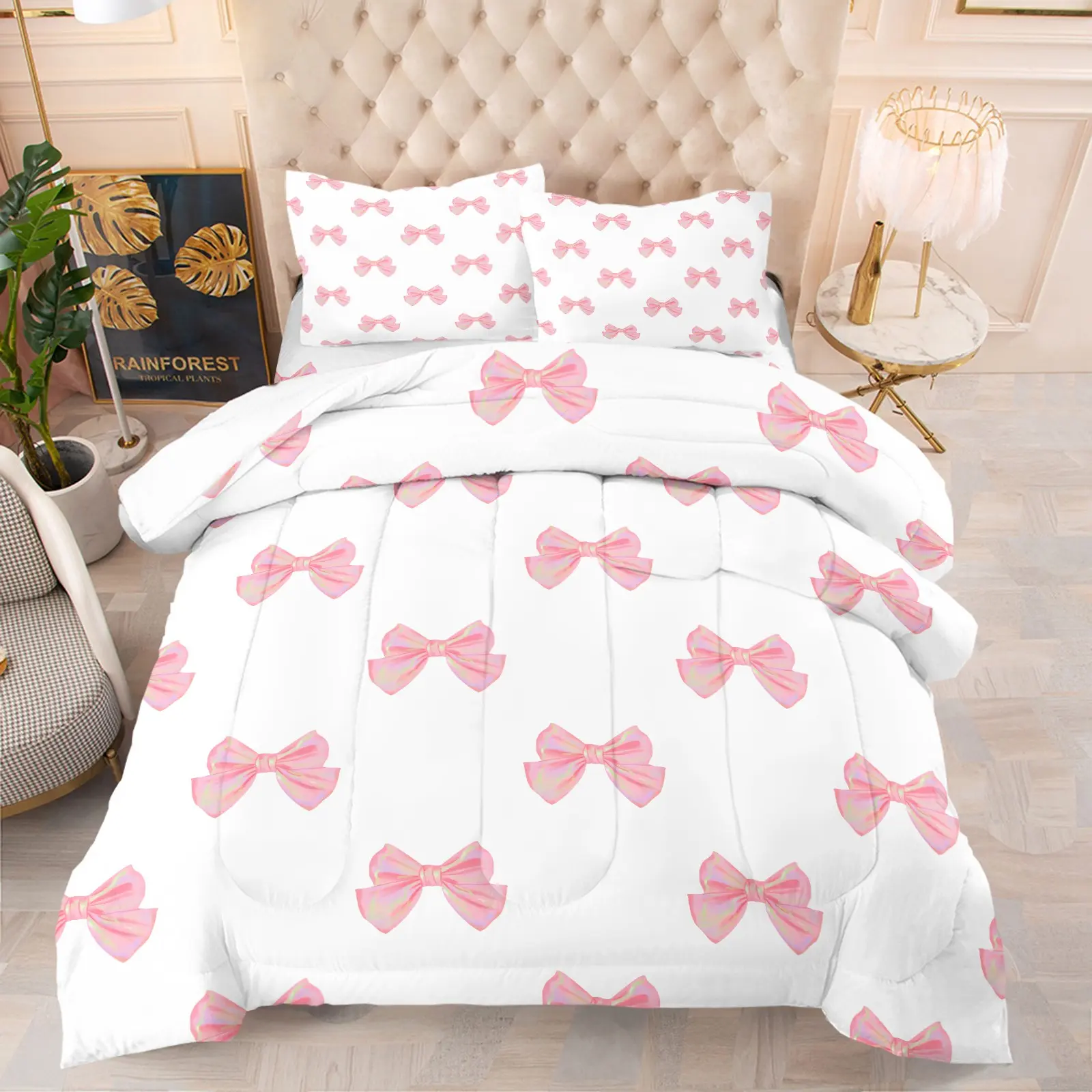 Pink Gradient Butterfly Knot White Base Print Comforter Set-1 Quilt + 1-2 Coreless Pillowcases-Gradient Dewy Powder Bow-Soft Warm Bedding-ins Gentel Style Sweet Style Child & Girl Bedroom Decor Gift