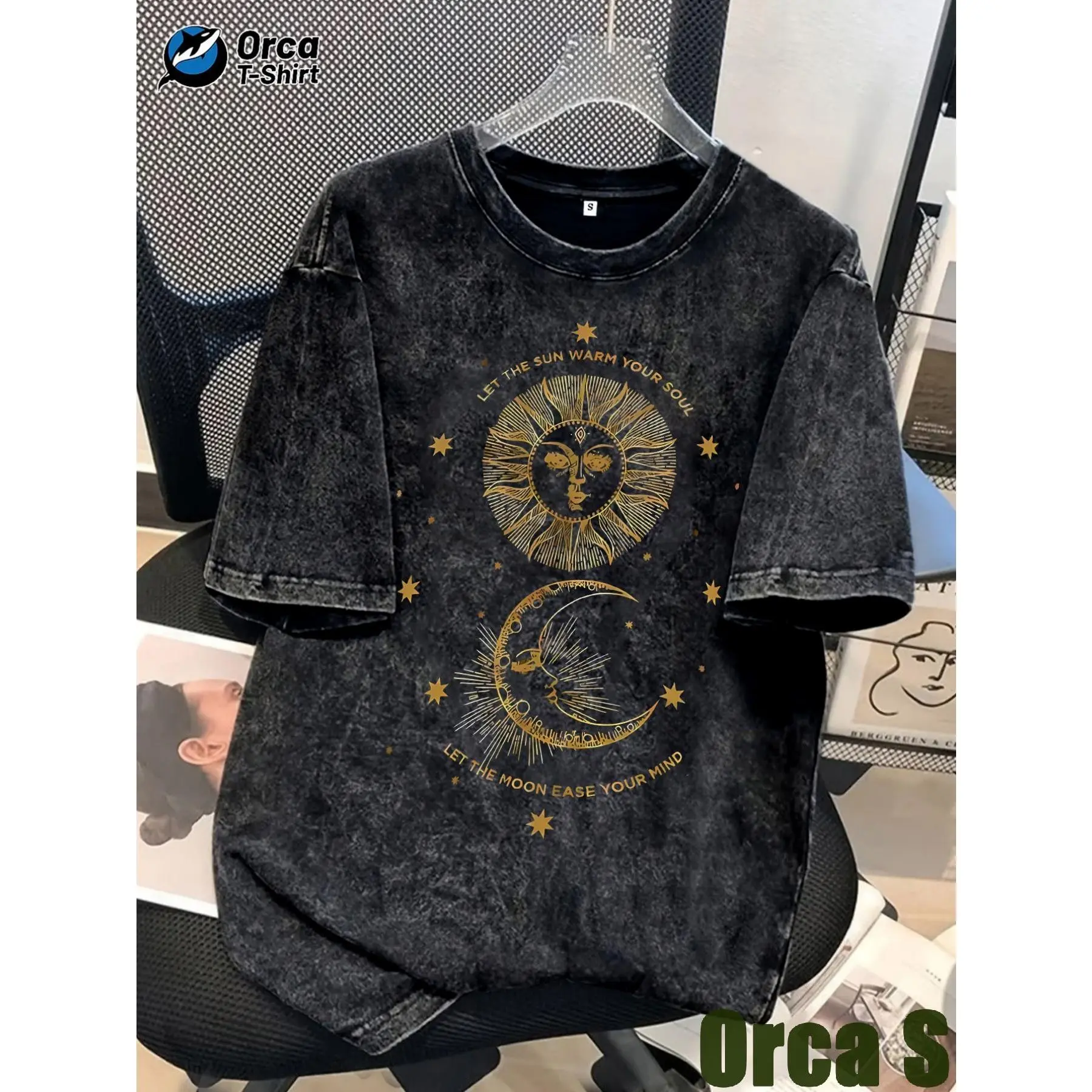 Orca Fashion Menswear Round Neck Short-Sleeved Tshirt - Personalized Sun-Warming Safe Star Design, Washed Breathable Cotton Cool Wear Streetwear, Ideal for Holidays, Leisure Activities, Casual Loose Sleeve