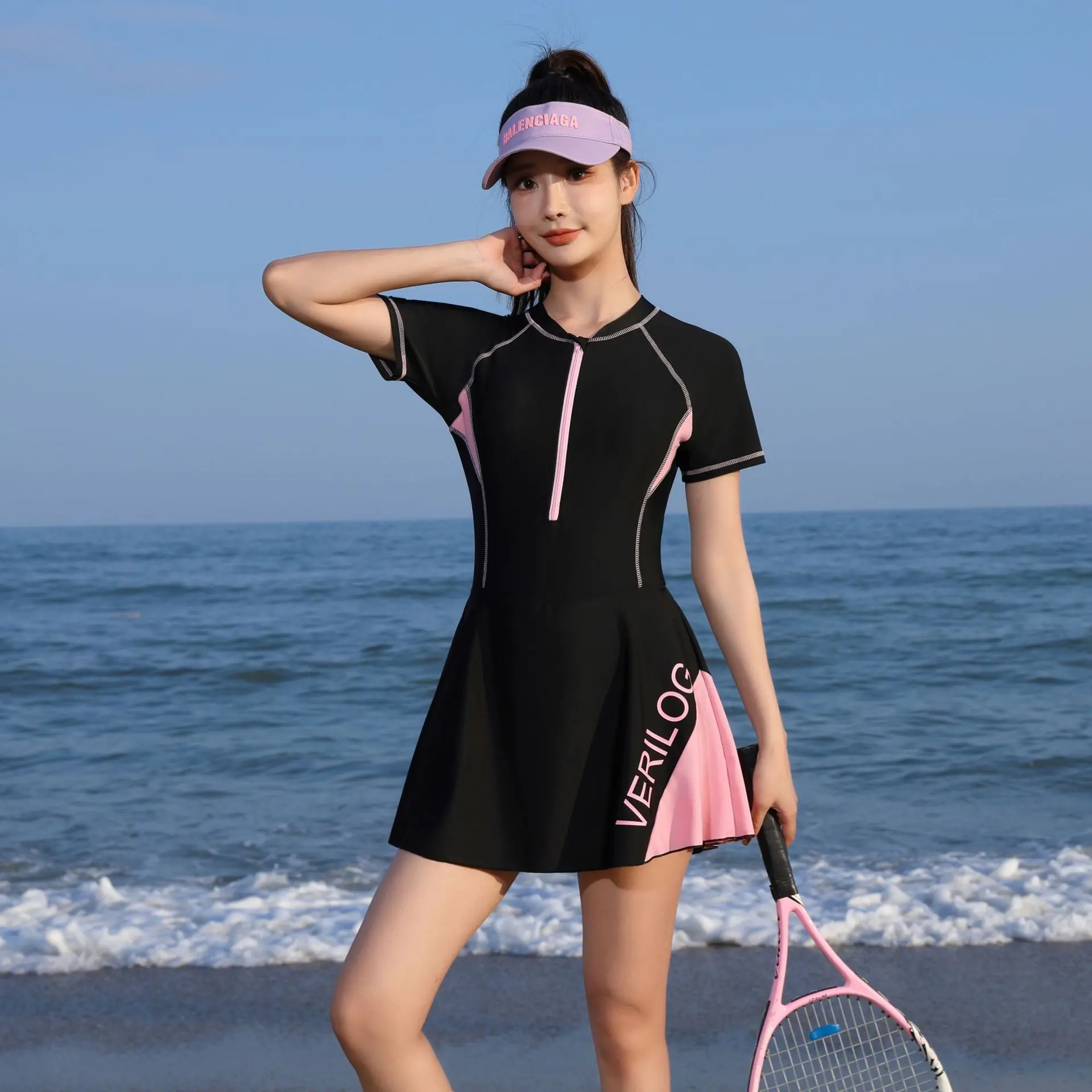 Premium Sporty Skirted One Piece Swimsuit Modest Tummy Control Quick Dry Slim Swimwear For Students
