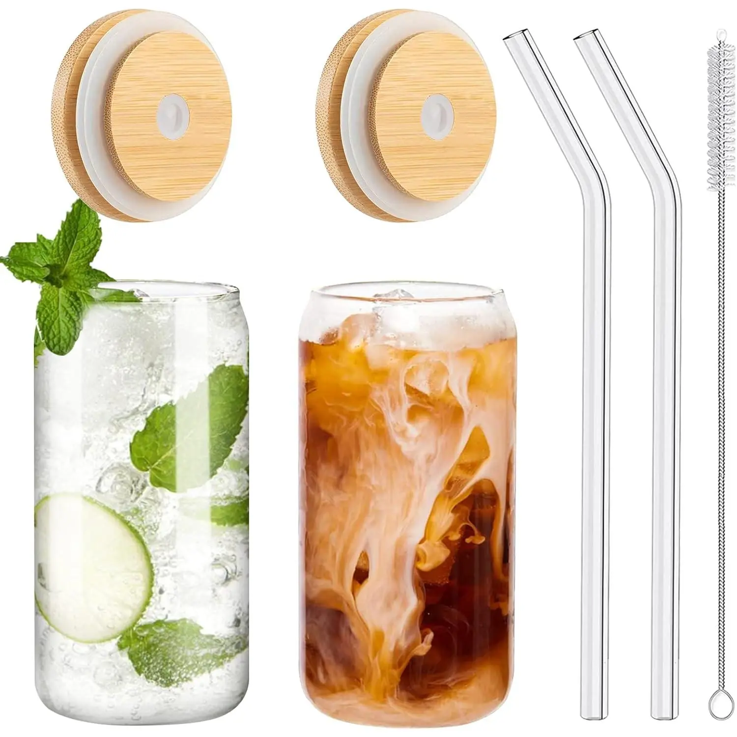 Drinking Glasses with   and Glass Straw 2 count Set, 16oz Glass Cups with  and Straws, , Iced Coffee Glasses, Soda,  1 Cleaning Brushes