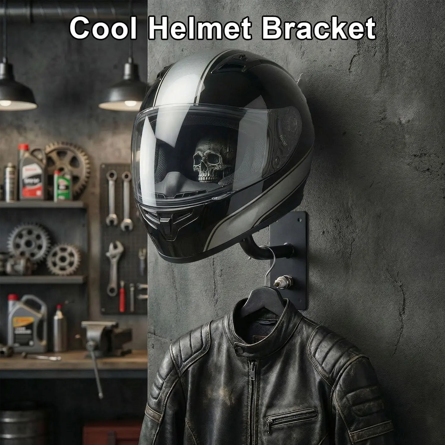 Vintage Gothic Skull Wall Mount Decorative Helmet Holder, Hand Carved Skeleton Helmet Display Statue, Sturdy Hanging Design Heavy Duty Helmet Hanging Hook Fits Motorcycle Bicycle Football Helmets, Cool Wall Decor Gift for Bikers Garage Bar