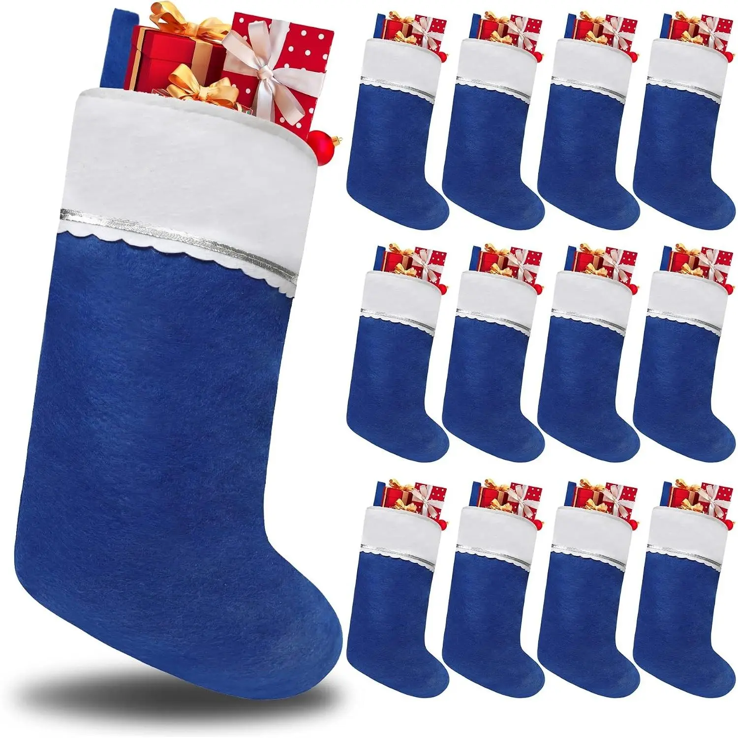 12 Pack Felt Christmas Stockings, 19 Inches Blue and White Christmas Stockings Hanging Ornaments, White Cuff with Silver Trim Christmas Stockings for Family Christmas Holiday Decorations
