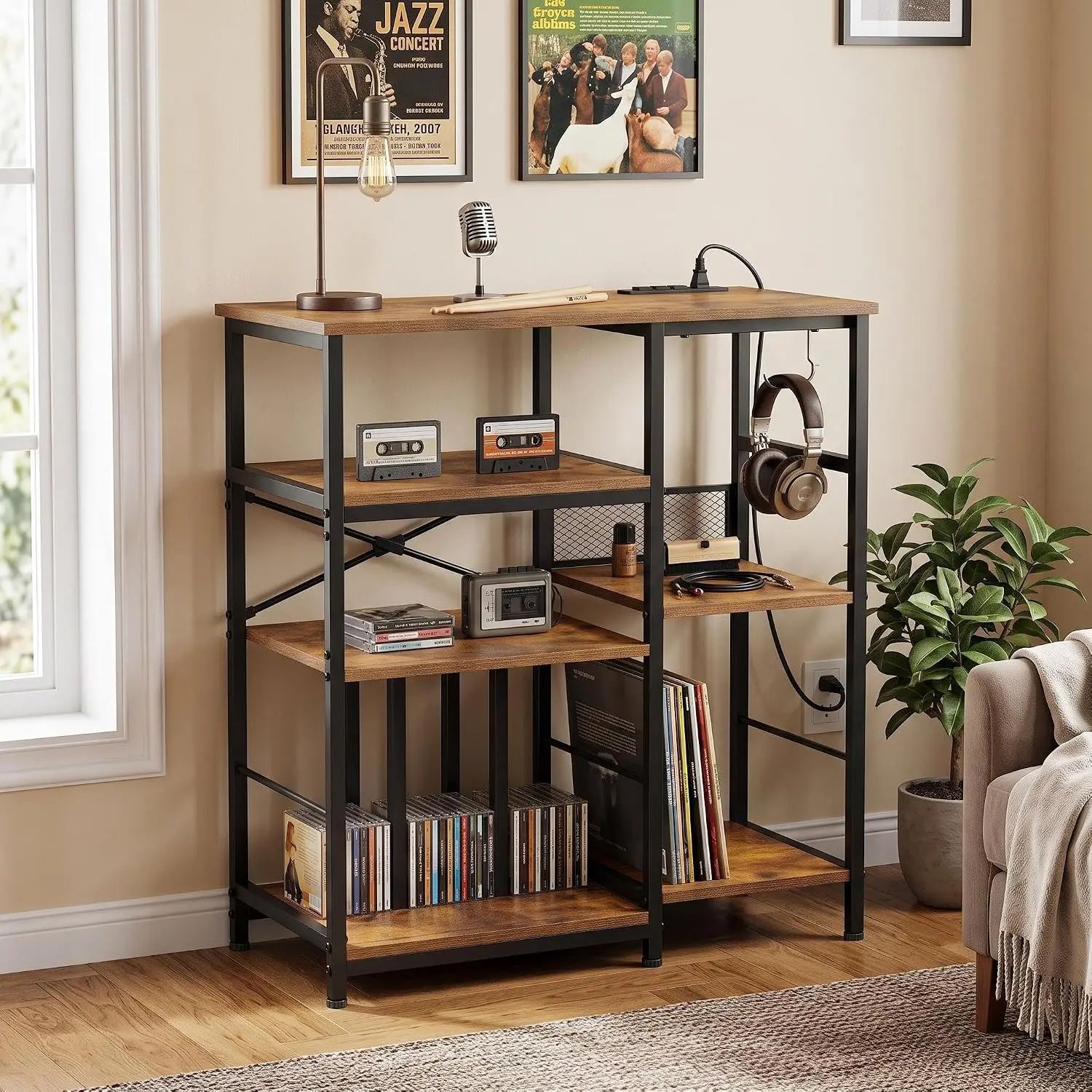 Gaomon Rustic Brown Record Player Stand with 300+ Vinyl Storage Racks, Decorative Adjustable Organiser, Built-in Multi-Port Metal Charging Station for Simultaneous Player, Phone & Headset Charging
