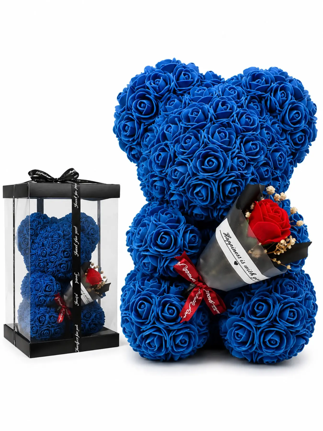 Blue Forever Rose Teddy Bear with Acrylic Gift Box, Handmade Foam Rose Bear with Mini Rose Bouquet, Romantic Preserved Flower Gift for Women, Girlfriend, Wife, Mom, Valentine's Day, Anniversary, Birthday, Wedding, Mother's Day, Christmas Gift