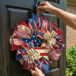 July 4th 13.77Inch Wreath Patriotic Americana Wreath Boxwood Handcrafted Memorial Day Wreath Festival Garland Decoration Front Door Wall Home Decor