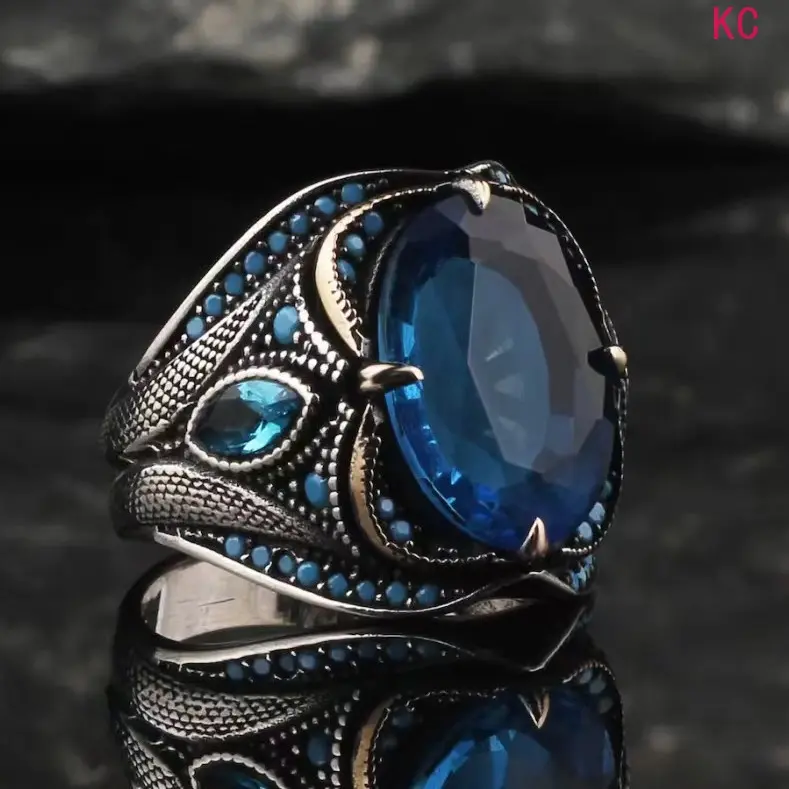 Punk Vintage Ring Inlaid Sapphire And Stones, Unique European American Finger Jewelry For Men Daily Styling