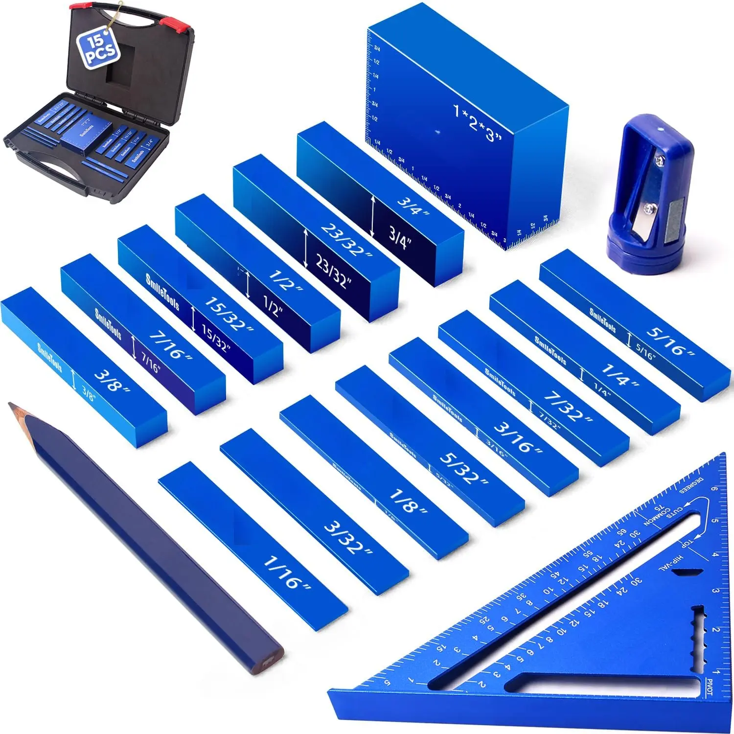 15 count Inch Setup Blocks Woodworking Tools, Height Gauge Block Set with Setup Bars, Carpenter Square & Pencil, Sharpener, Case - Precision  Set up Blocks for Router and Table  Accessories