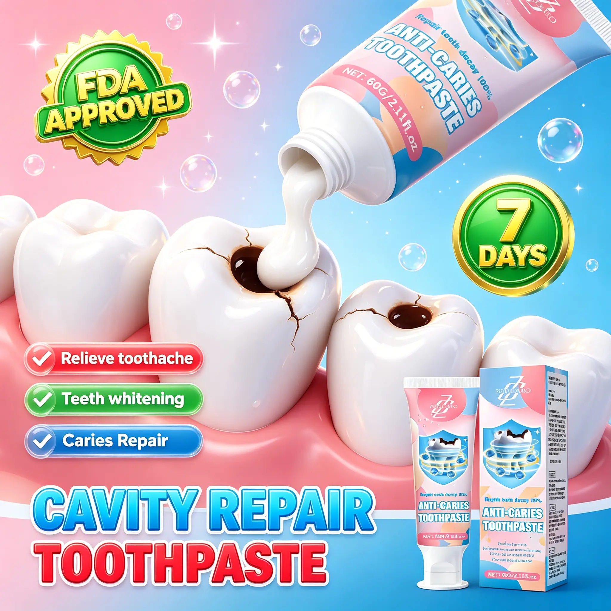 A savior for cavities! This FDA-approved toothpaste repairs cavities, fills cavities, rejuvenates enamel, removes plaque, relieves toothache, and gently cares for your teeth.