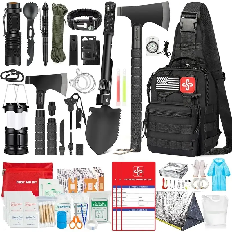 Kit, 262Pcs Gear and Supplies with First Aid Kit Pouch and Crossbody Bag, Emergency Kit with Tent, Camping Axe Hammer, Shovel w/Pick, Bug Out Bag Gifts for Men Women Large Capacity Tactical Backpack outdoor tactical bag backpack