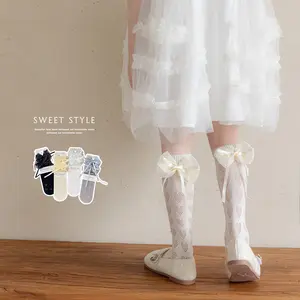 Shoes and Accessories: Cotton Girls' Mesh Socks, Ballet-Style Bowknot Lace Socks, Summer Thin Korean-Style Long Socks with Hearts for Girls