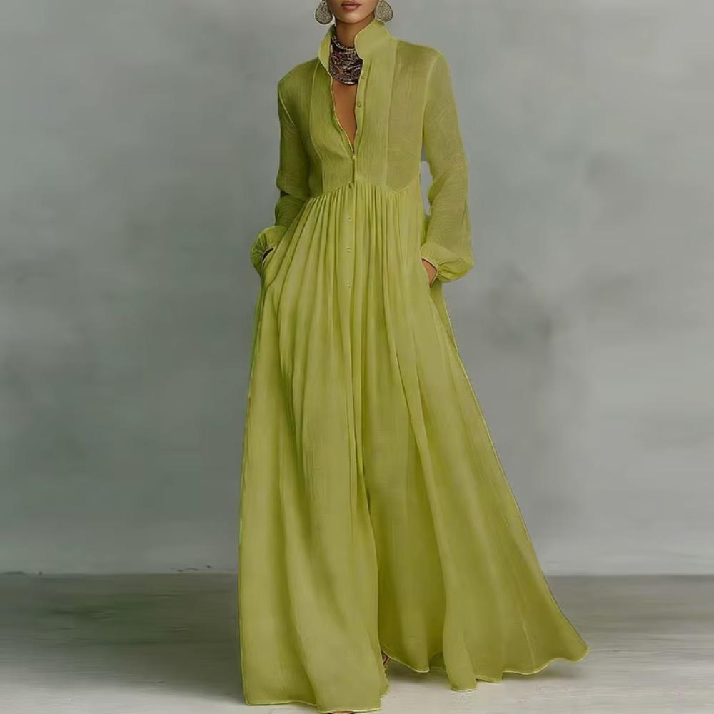 Elegant Boho Maxi Shirt Dress for Women Long Sleeve Button Down Flowing Pleated High Waist Loose Fit Resort Vacation Dress Spring Summer 2026 Trend Breathable Fabric - Beach, Casual Lightweight