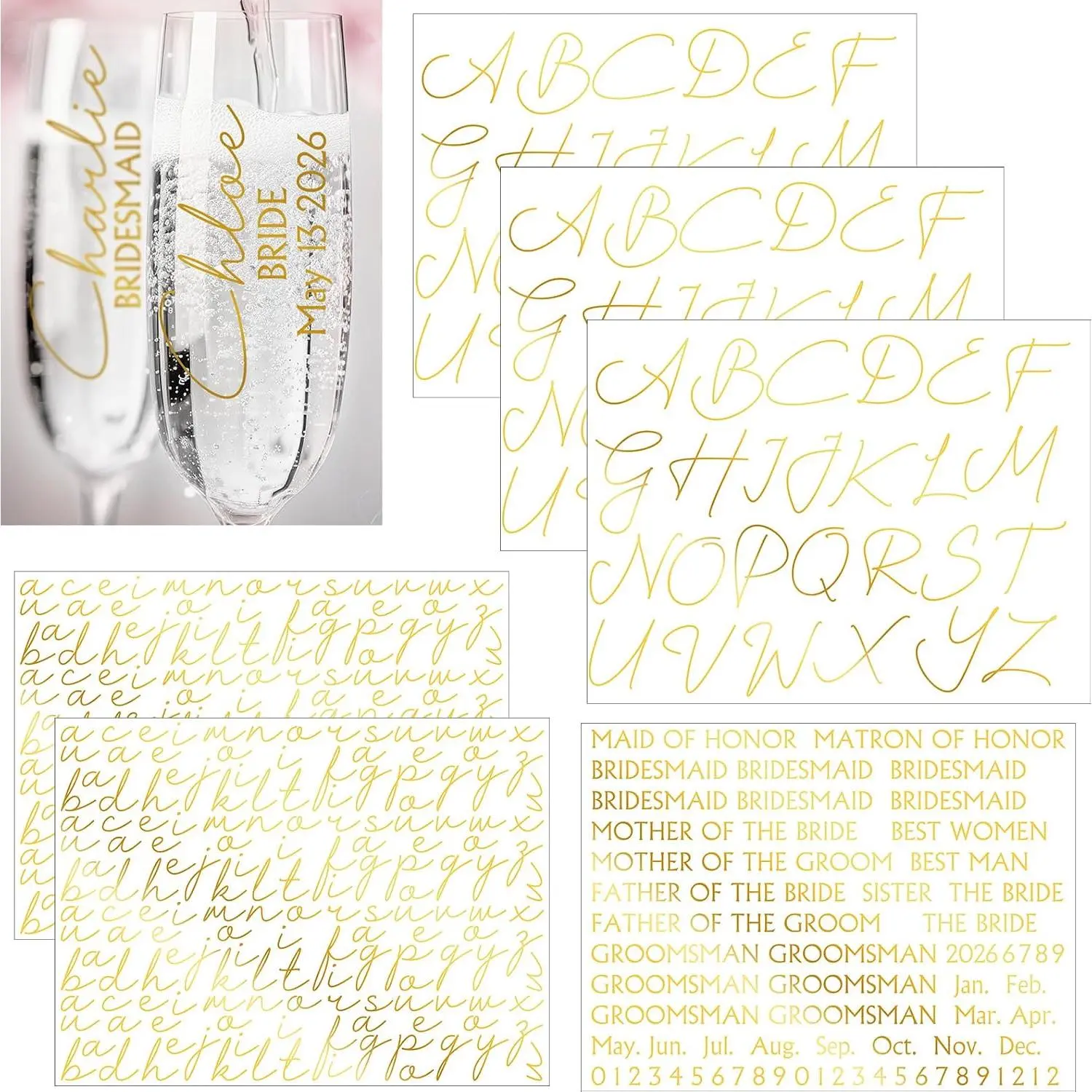 6 Sheets Custom Bride Bridesmaids Letter Stickers Personalized Vinyl Proposal Name Decal UV Dtf Cup Wraps for Champagne Glasses Cups  Box Bridal Shower Wedding Bachelorette Party()