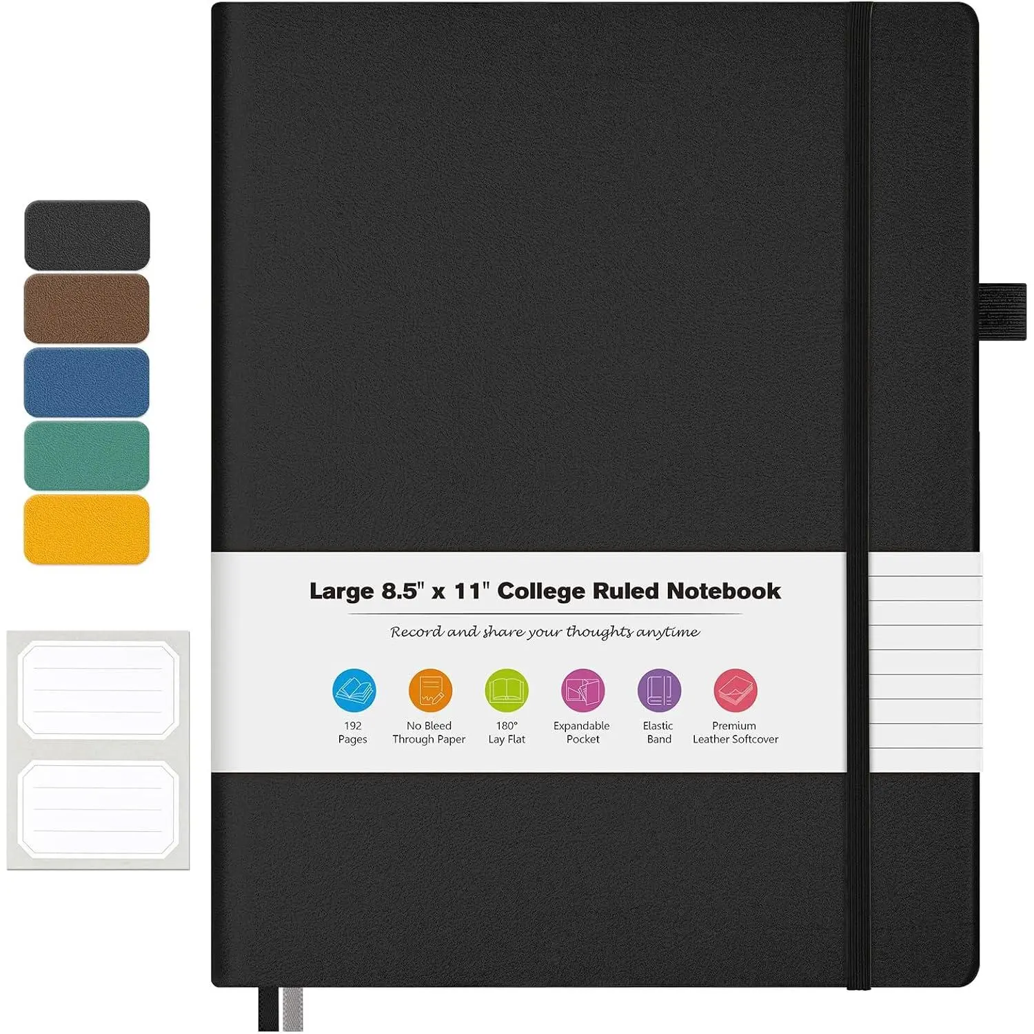 College Ruled Notebook, A4 Softcover Leather Notebook for Work, Lined Notebook Journal for Women, Men, 192 Thick Paper, Lay Flat, Large Notebook with 2 Pockets, Professional Business Notebook, Black