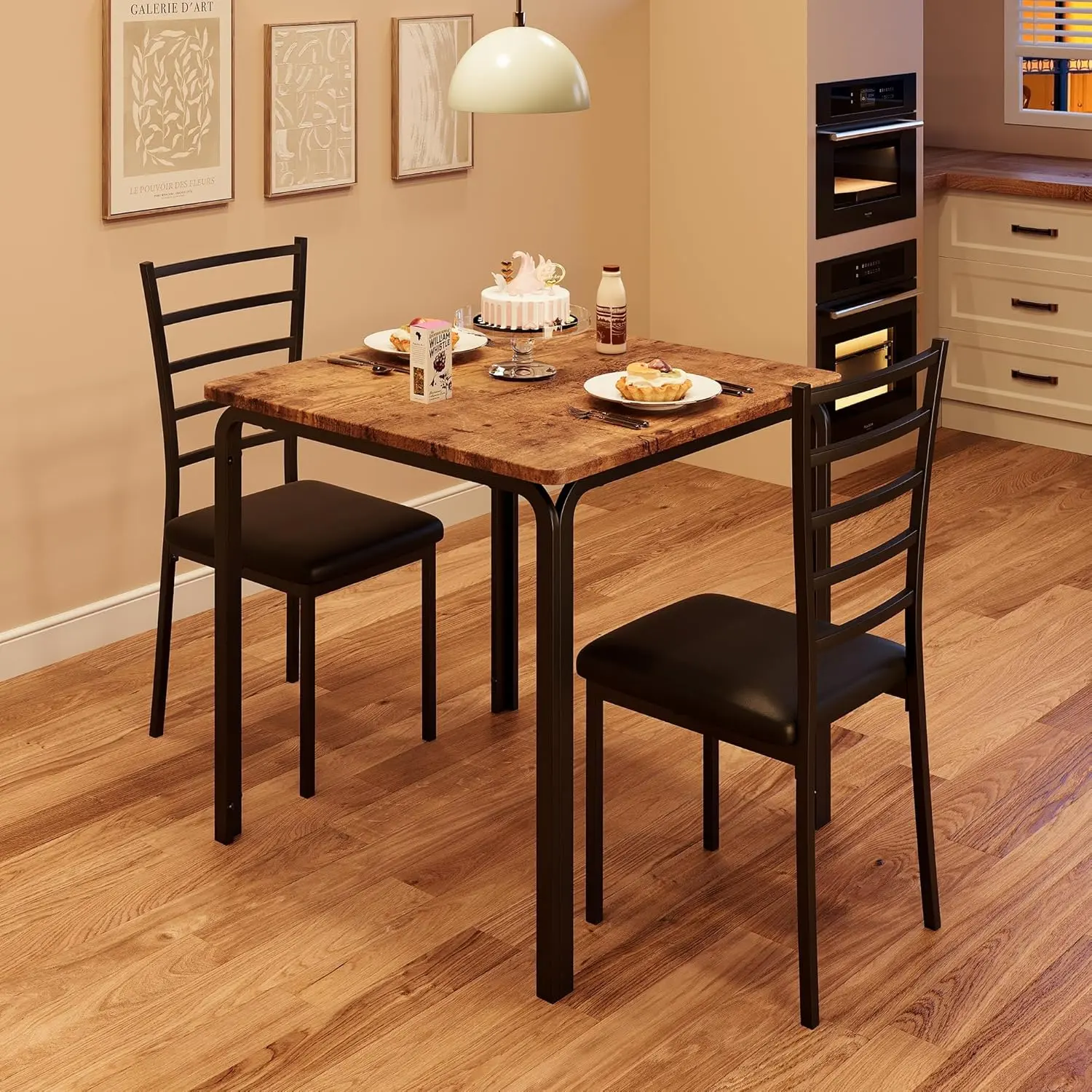 Patikuin Space-Saving 3-Piece Modern Square Dining Table Set for 2 – Small Kitchen Table with 2 Upholstered Chairs – Sturdy Metal Frame – Built-in Storage Shelf – Easy Assembly – Brown