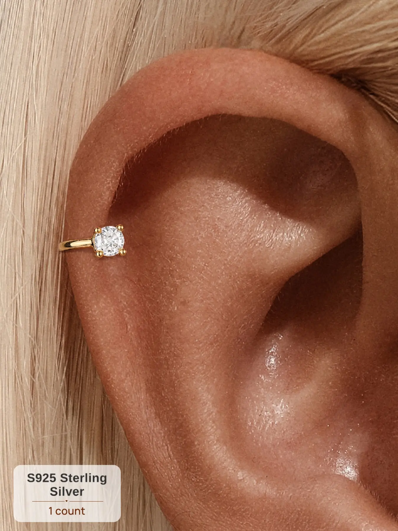 1pc S925 Sterling Silver Classic 4-Prong Solitaire CZ Ear Cuff, 18K Gold Plated Diamond Non-Piercing Cartilage Clip-On Earrings, Minimalist Ear Stacking Jewelry Hypoallergenic Non-Tarnish, Ideal for Daily Wear,Halloween,Christmas,and Other Special Occasio