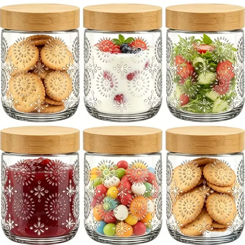 6-Piece Overnight Oatmeal Jar Set, Vintage Glass Jars, Small Wide-Mouth Mason Jars with Lids, Glass Food Storage Jars, Airtight Salad Jars, Perfect for Overnight Oatmeal, Yogurt, Candy, Salads, Coffee, Spices, and More.
