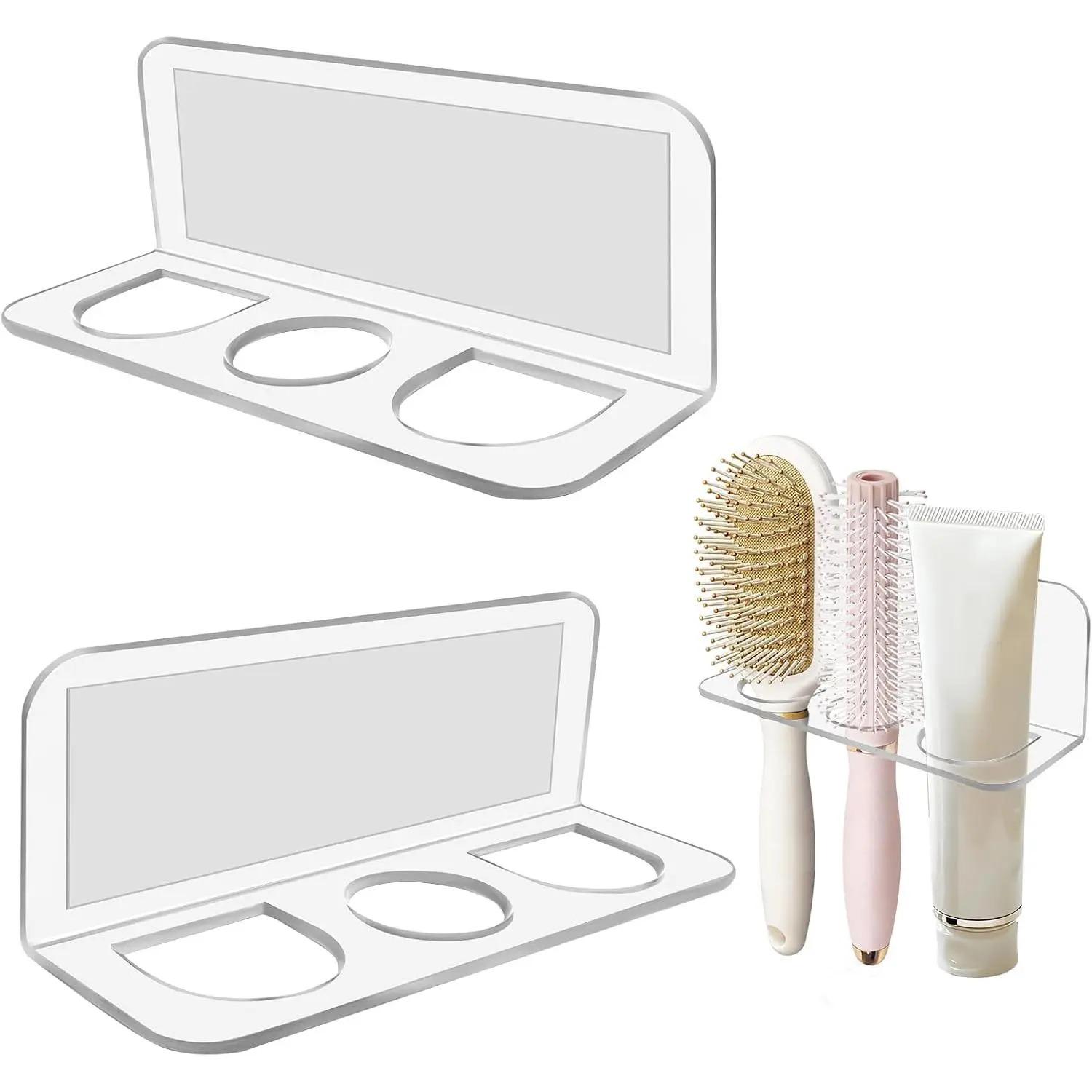 2-Pack Acrylic Hair Brush Holder Wall Mounted, Bathroom Organizer with Industrial Adhesive for Combs, Round Brushes, Hair Tools, Space Saving Design (Transparent)