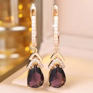 Purple Zircon Water Drop Earrings DDES0939 Rose Gold Diamond-Encrusted Earrings Vintage Evening Party Accessories