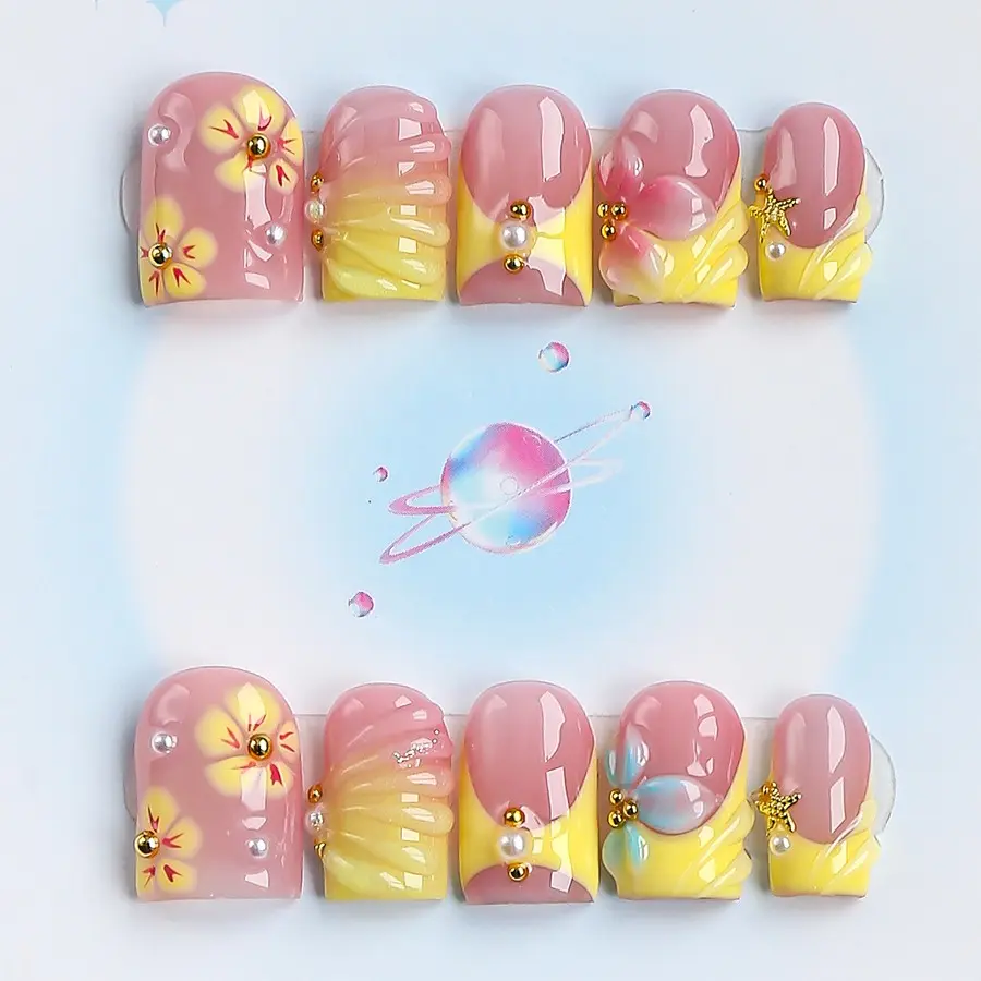 Nailssbysheccid, 10pcs press-on nails, Decorative nails, square shape, 100% handmade, simple style, French nail art, 3D, suitable for family dinners, dates, weddings, gift for girls, comes with jelly glue, crystal sticks and twisting rods