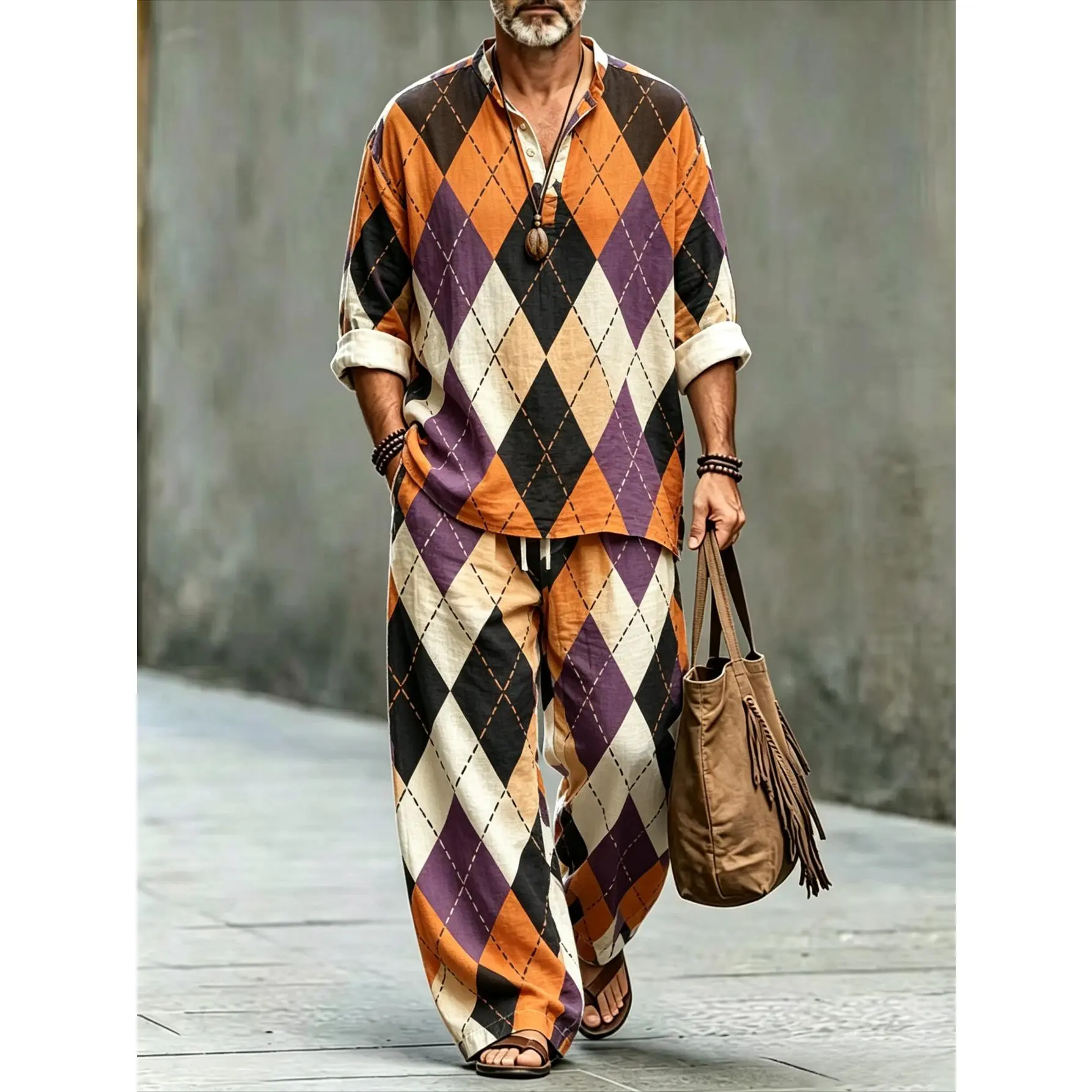Men's Vintage Argyle 2-Piece Clothing Set - Stand Collar Half-Placket Long-Sleeve Shirt, Drawstring Wide-Leg Pants, Retro Color-Block Loose Casual Resort Outfit for Halloween