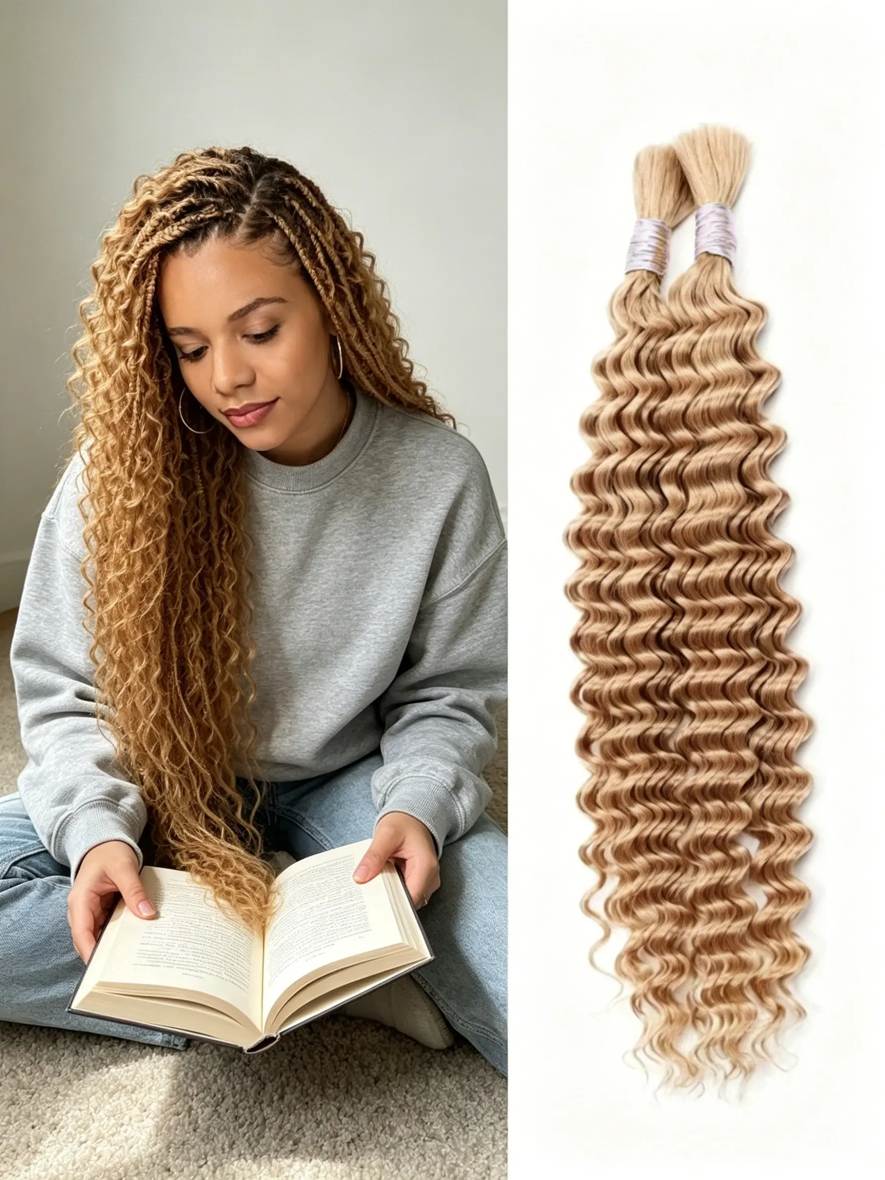 #27 Colored Wet And Wavy Deep Wave Curly Bulk Human Braiding Hair 2 Bundles 100g No Weft Design, Professional Unwefted Human Hair Used For Creating Boho Braids And Micro Braids Hairstyles
