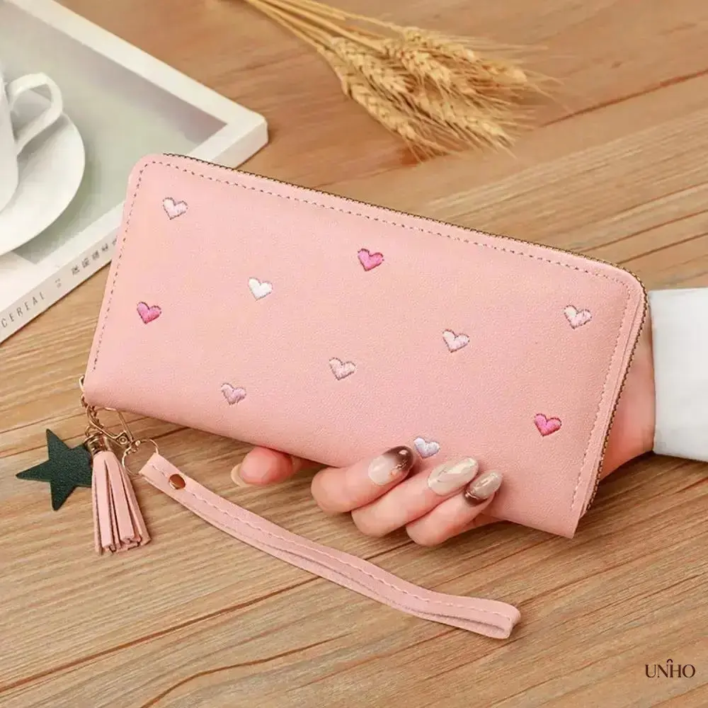 Cute Heart Embroidered Zip Around Wallet For Women, Soft Vegan Leather Wristlet Card Holder With Star Tassel, Large Capacity Coin Purse For Daily Carry, Travel, Shopping And Birthday Gift For Her