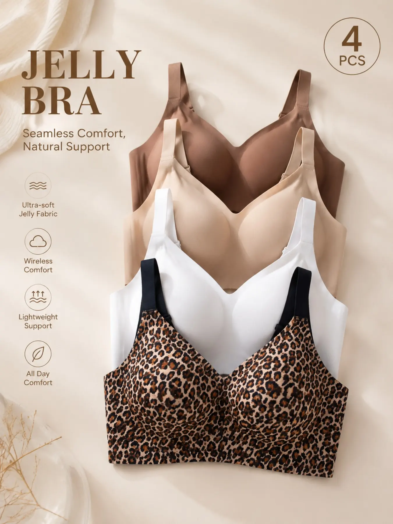 4 PCS Jelly Bra, Deep V Neck, Medium Support, Fitted, Lined, No Underwire, Comfortable Daily Wear, Women's Bras